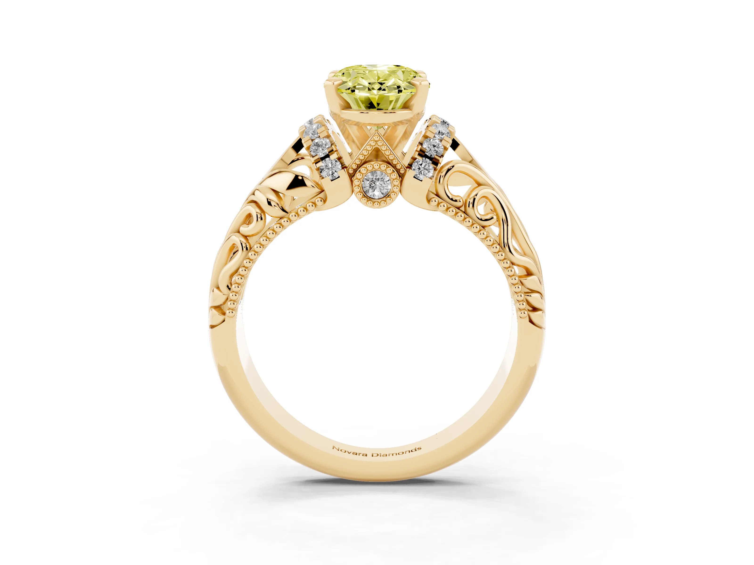 Fancy Yellow Oval Cut Diamond Filigree Halo Engagement Ring Set in Yellow gold with Prong Setting