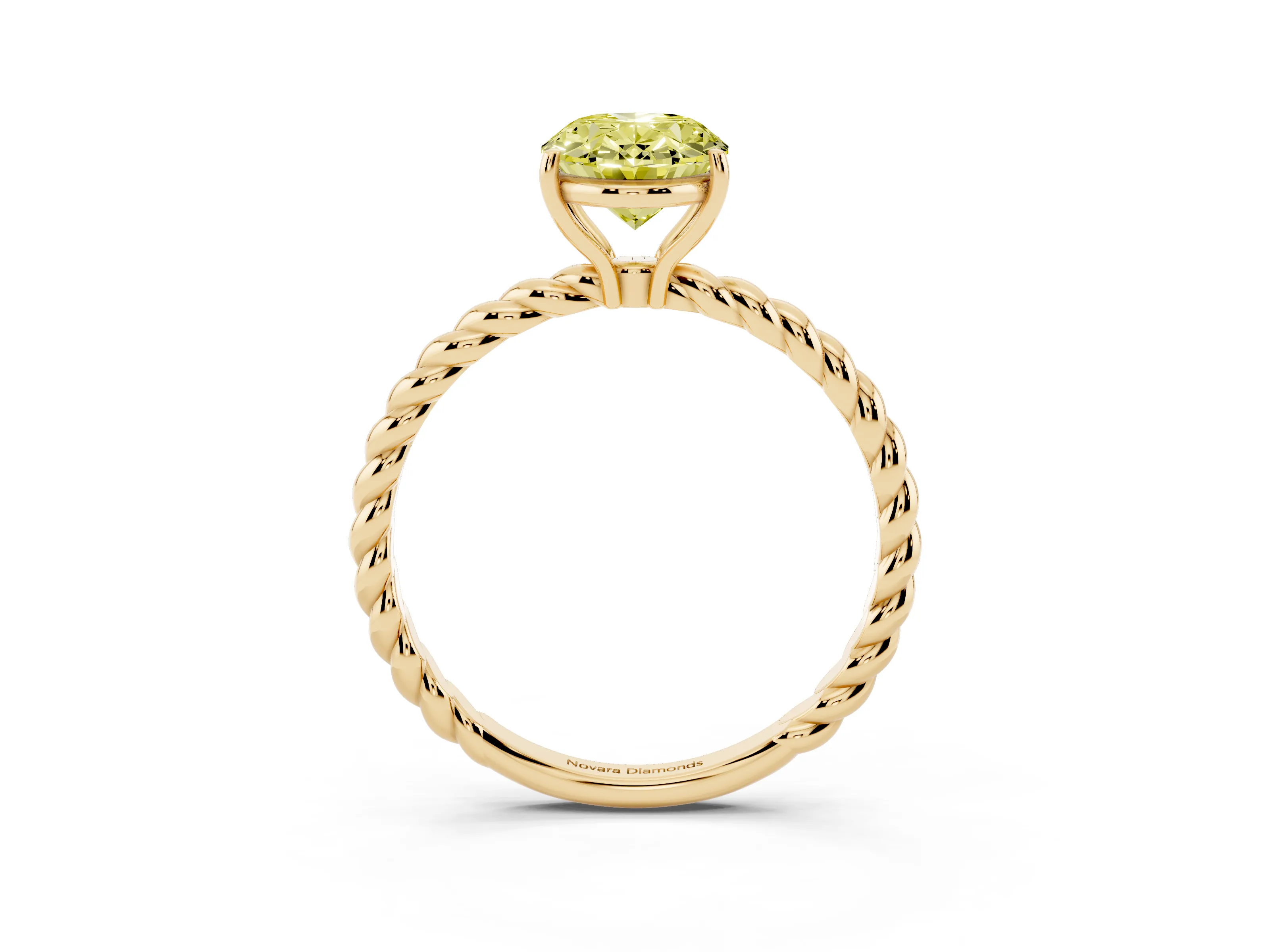 Fancy Yellow Oval Cut Diamond Solitaire Ring Set in Yellow gold with Twist Band and Prong Setting