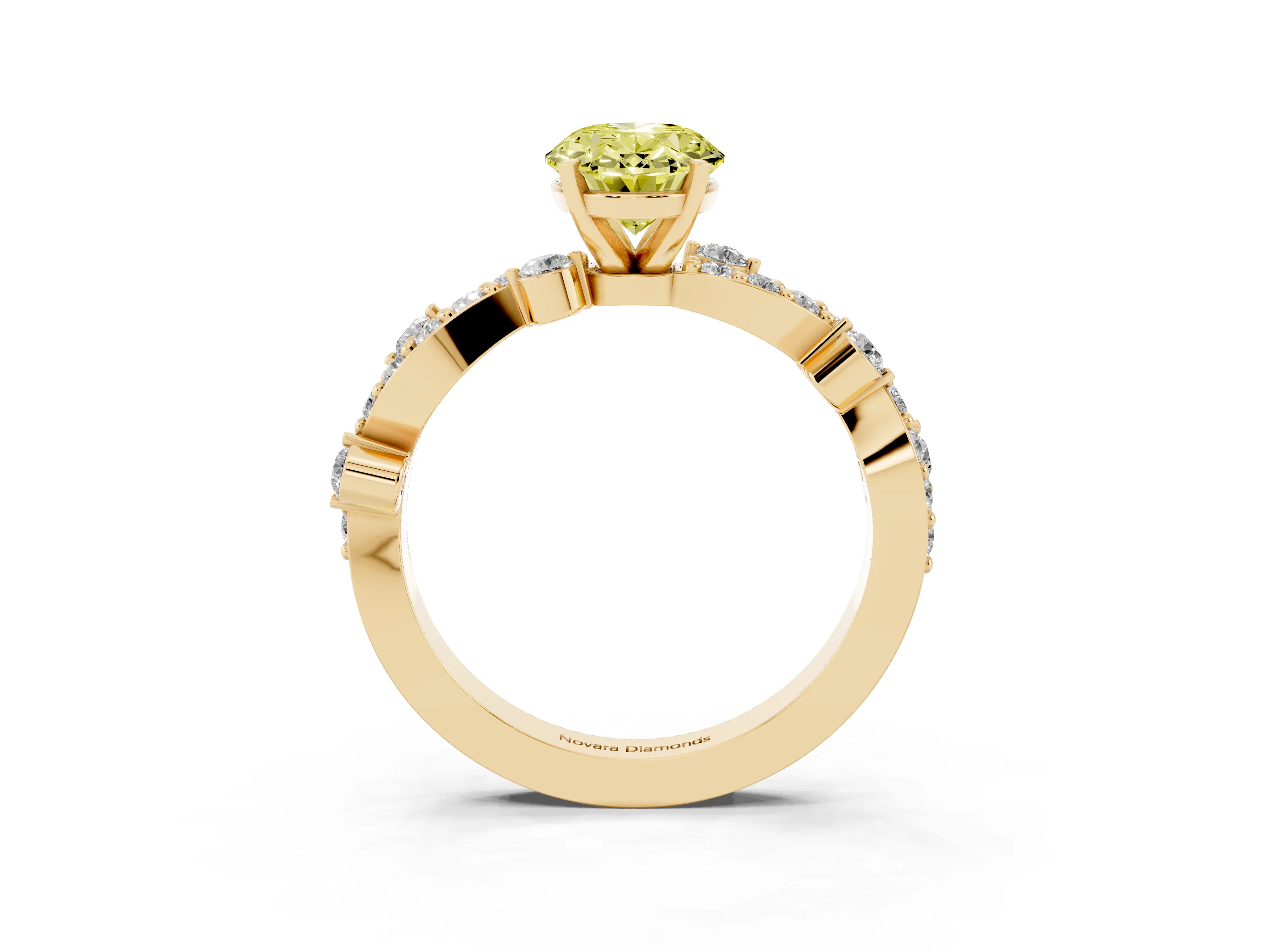 Fancy Yellow Oval Cut Diamond Solitaire Twisted Band Set in Yellow gold with Pavé Setting