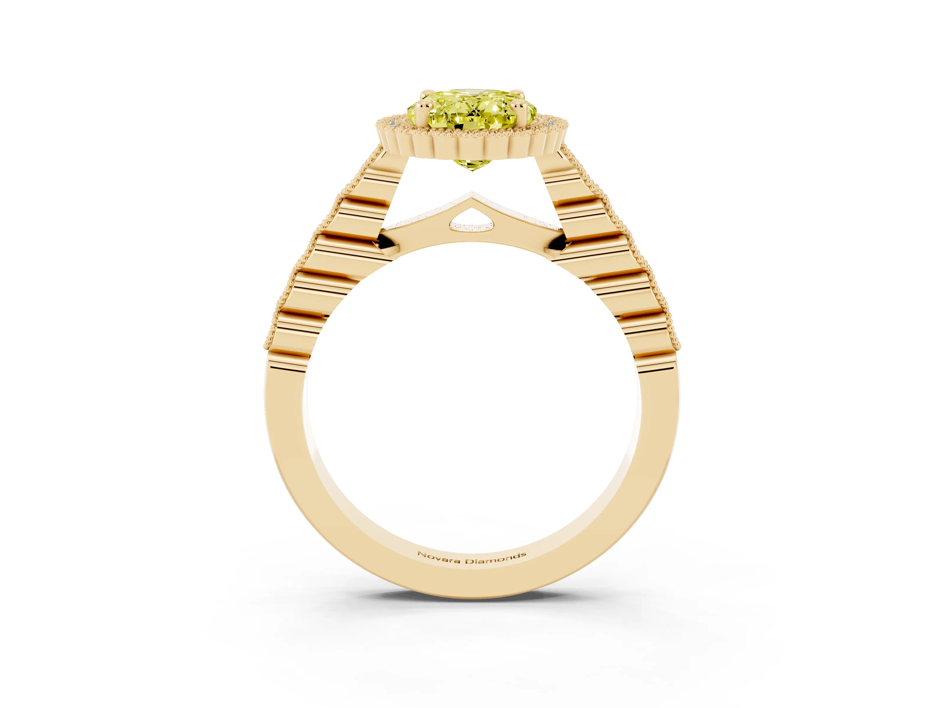 Fancy Yellow Oval Cut Diamond Halo Ring Set in Yellow gold with Pavé Milgrain Band