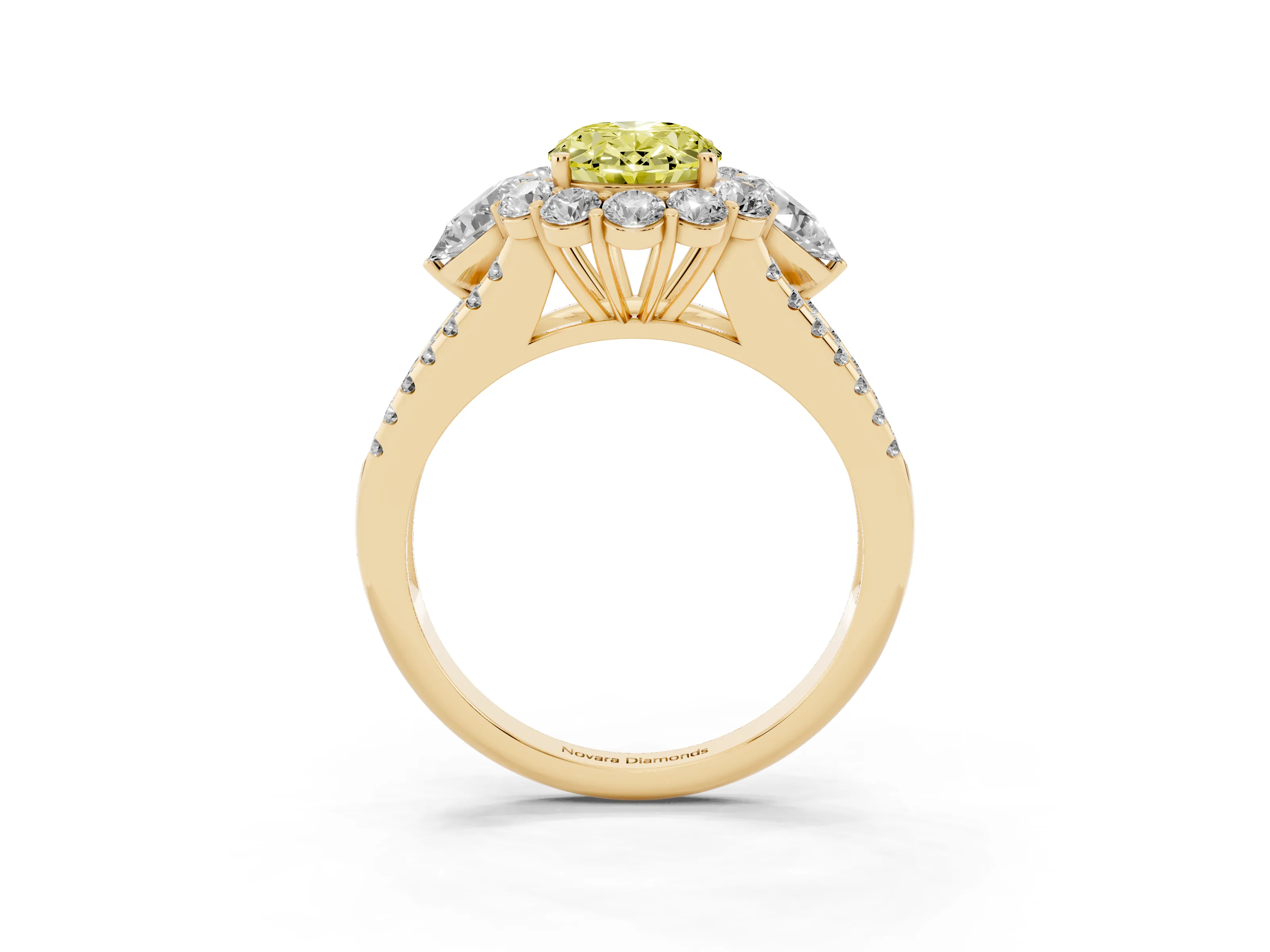 Fancy Yellow Oval Cut Diamond Halo Split Shank Engagement Ring Set in Yellow gold with Prong-Held Center Stone