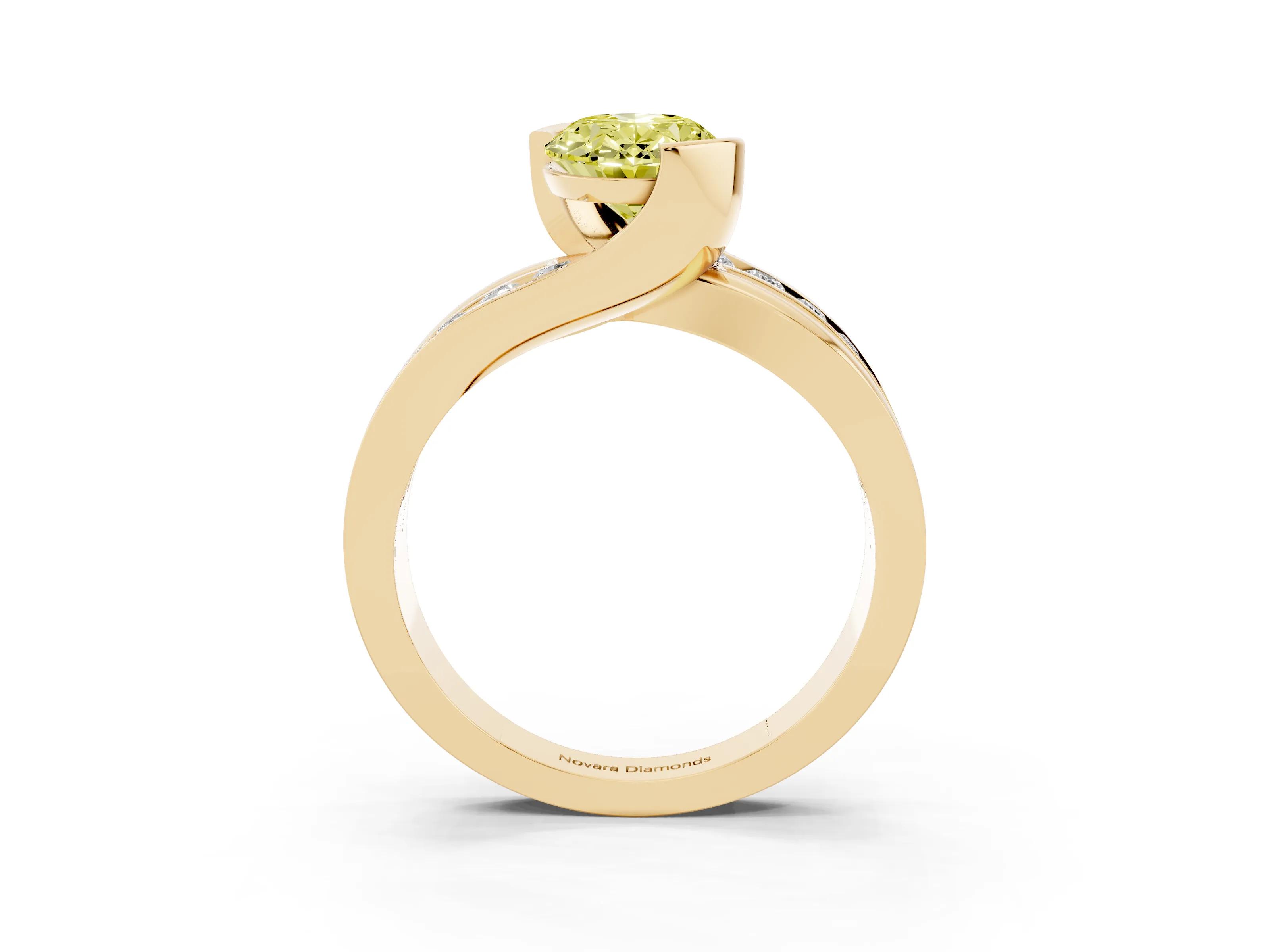Fancy Yellow Oval Cut Diamond Solitaire Ring Set in Yellow gold with Channel Set Split Shank and Tension Prongs