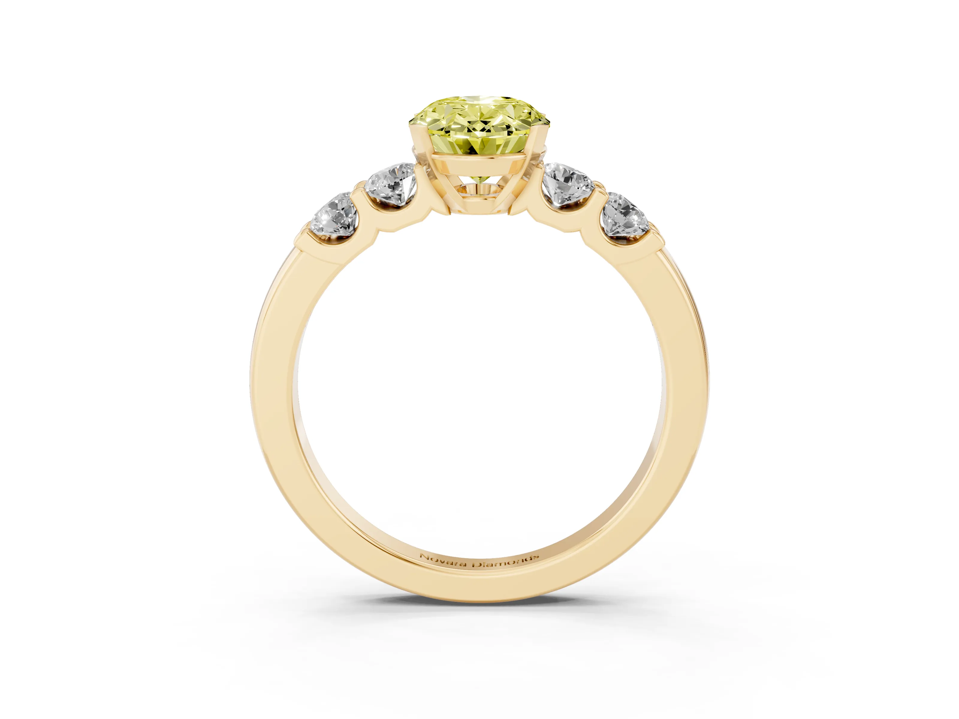 Fancy Yellow Oval Cut Diamond Five-Stone Prong Set Engagement Ring Set in Yellow gold with Channel Band