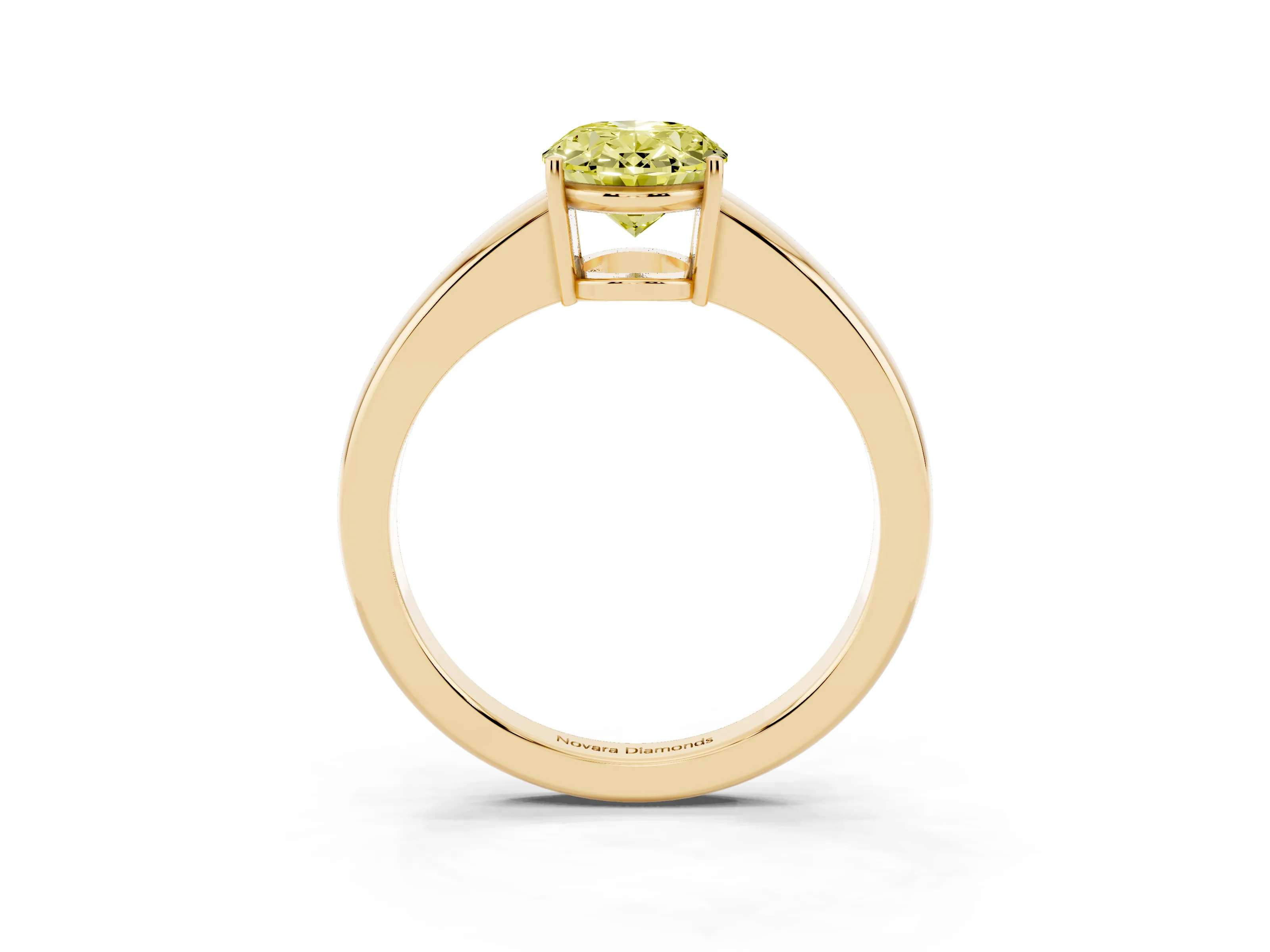 Fancy Yellow Oval Cut Diamond Solitaire Ring Set in Yellow gold with Tapered Band and Prong Setting