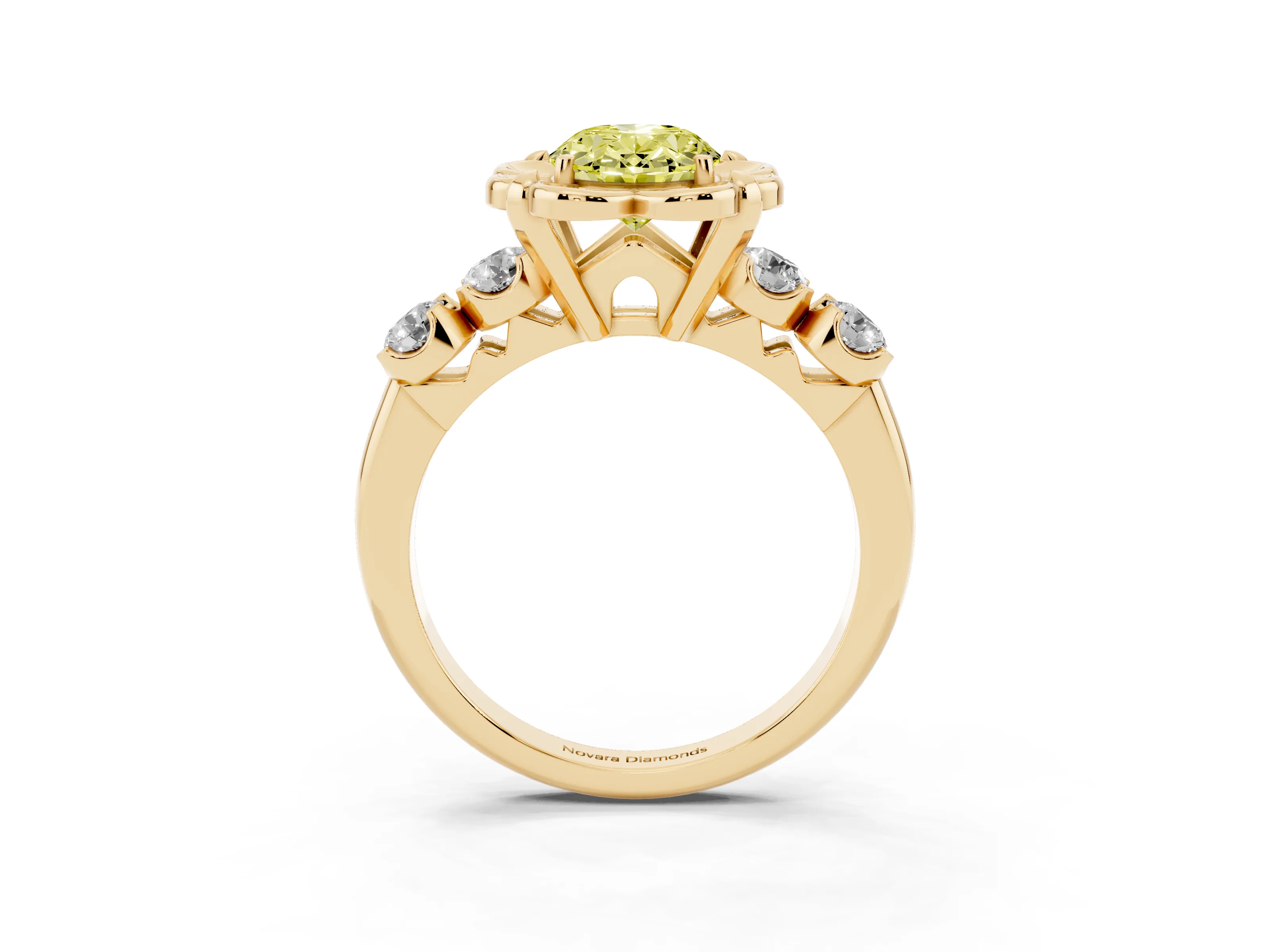 Fancy Yellow Oval Cut Diamond Floral Halo Ring Set in Yellow gold with Shared Prong Band
