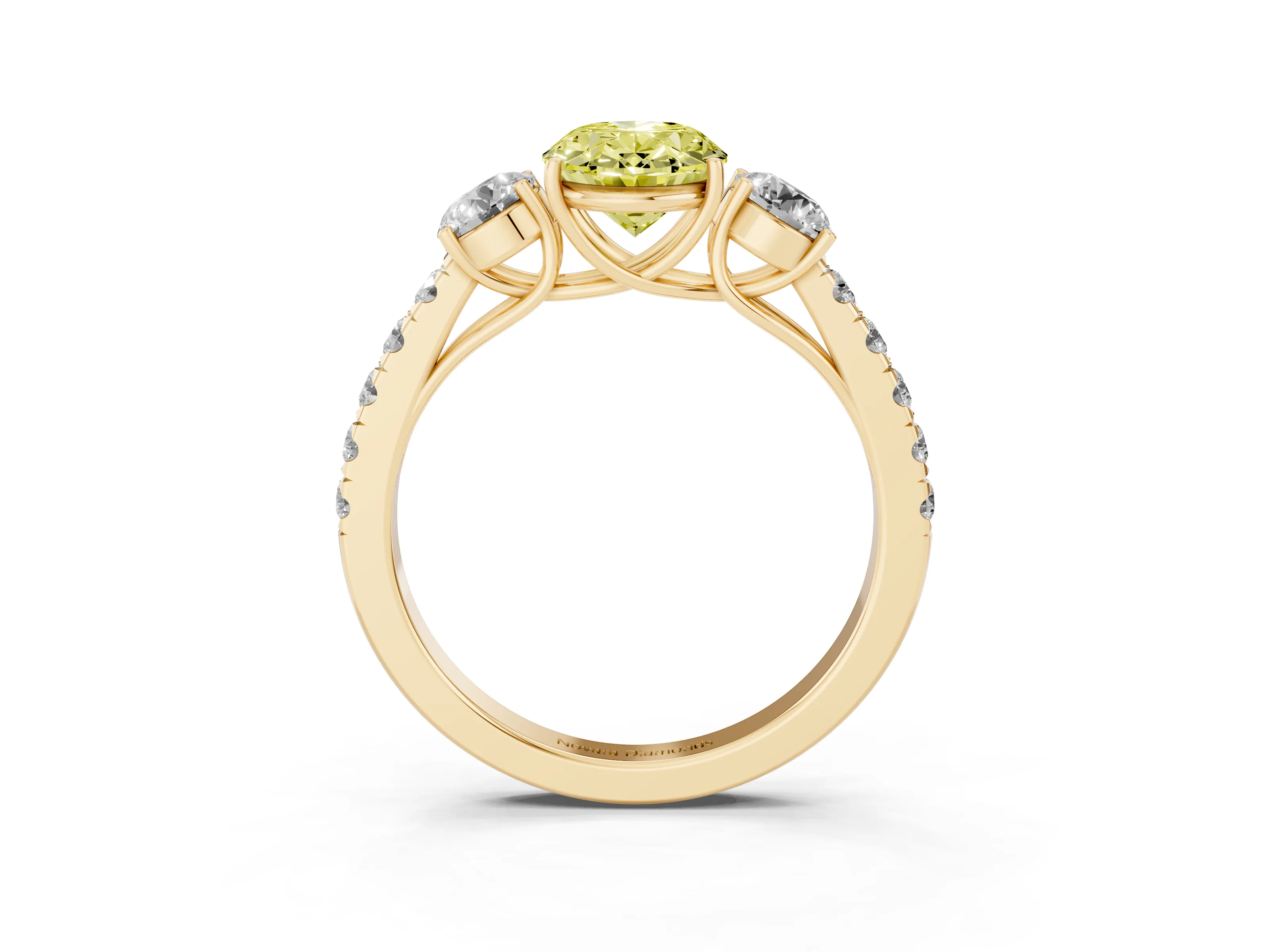 Fancy Yellow Oval Cut Diamond Three-Stone Ring Set in Yellow gold with Round Side Stones and Delicate Pavé Band