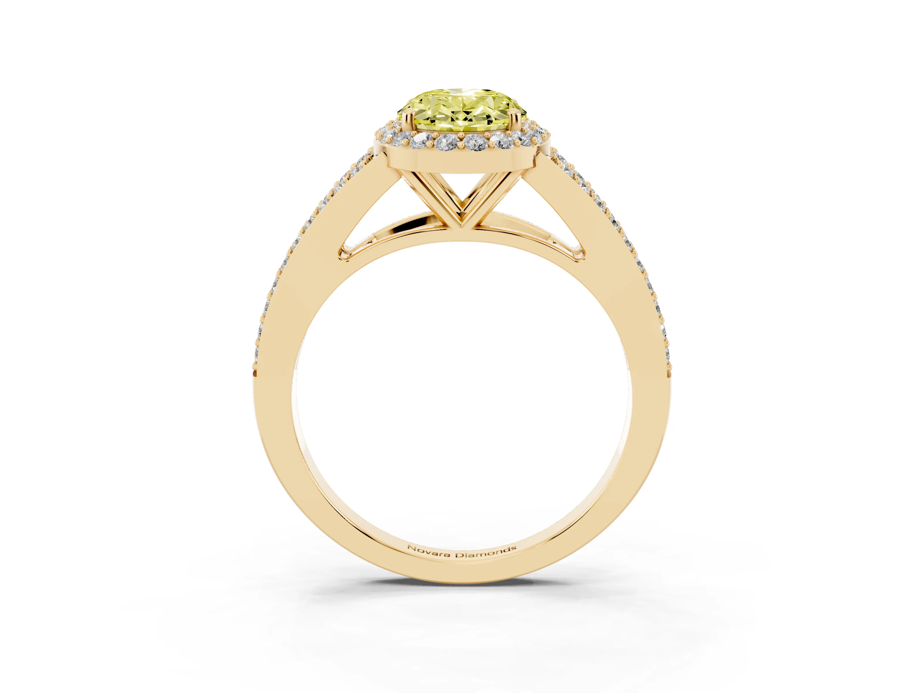 Fancy Yellow Oval Cut Diamond Halo Split Shank Ring Set in Yellow gold with Accent Stones and Prong Setting