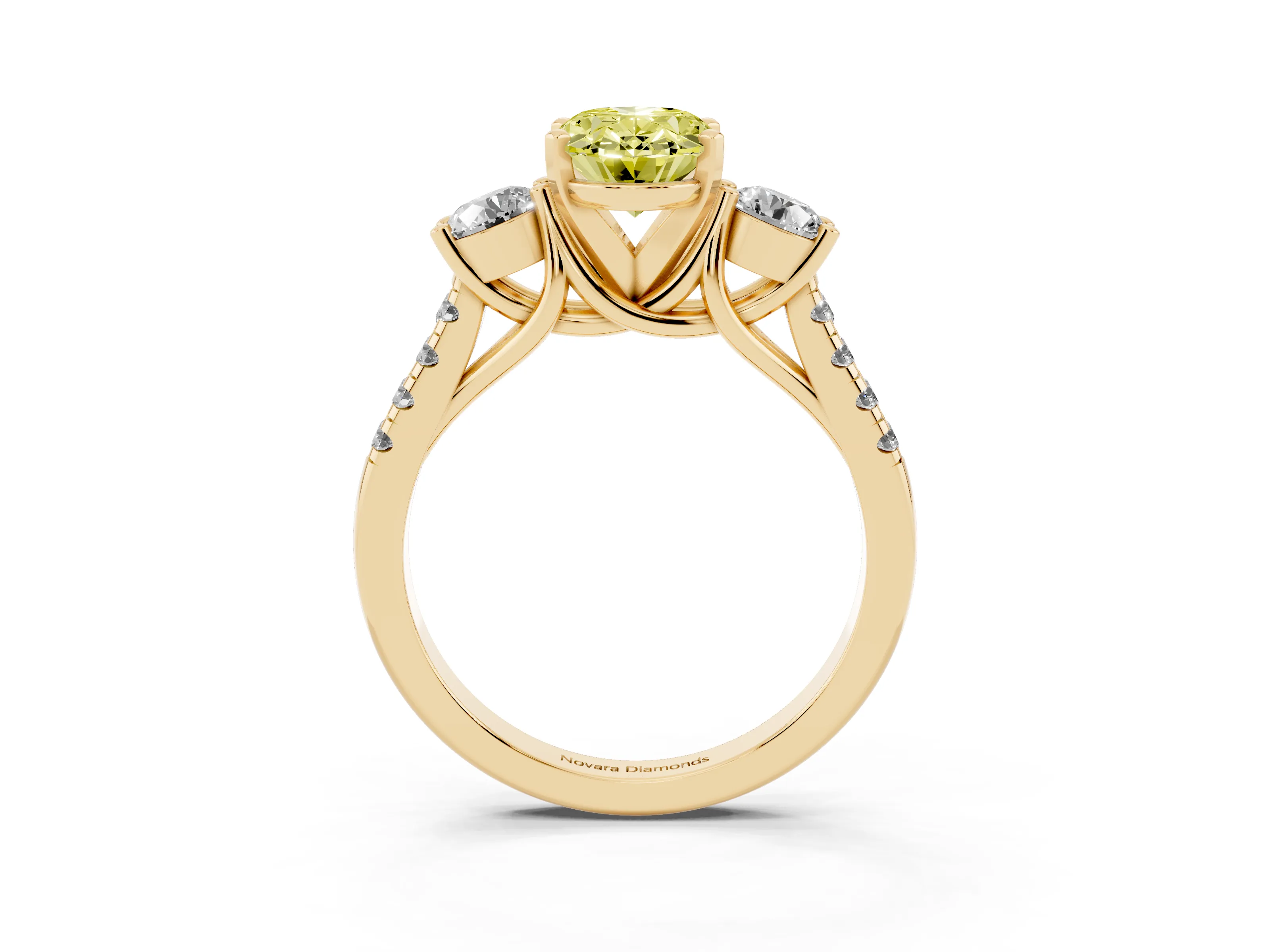 Fancy Yellow Three-Stone Oval Cut Diamond Pavé Band Ring Set in Yellow gold with Prong-Set Trio