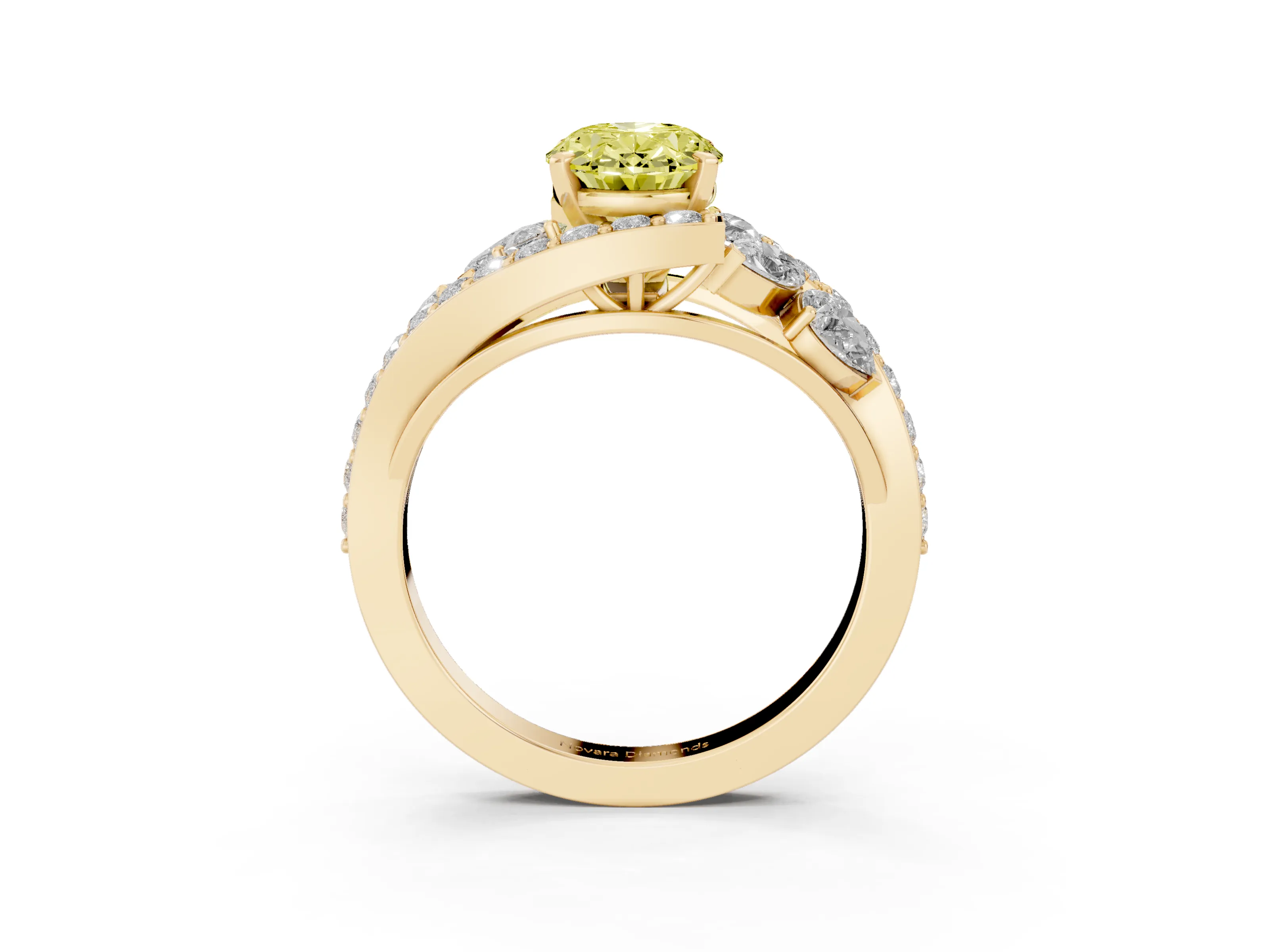 Fancy Yellow Oval Cut Diamond Halo Ring Set in Yellow gold with Marquise and Pavé Band in Prong Setting