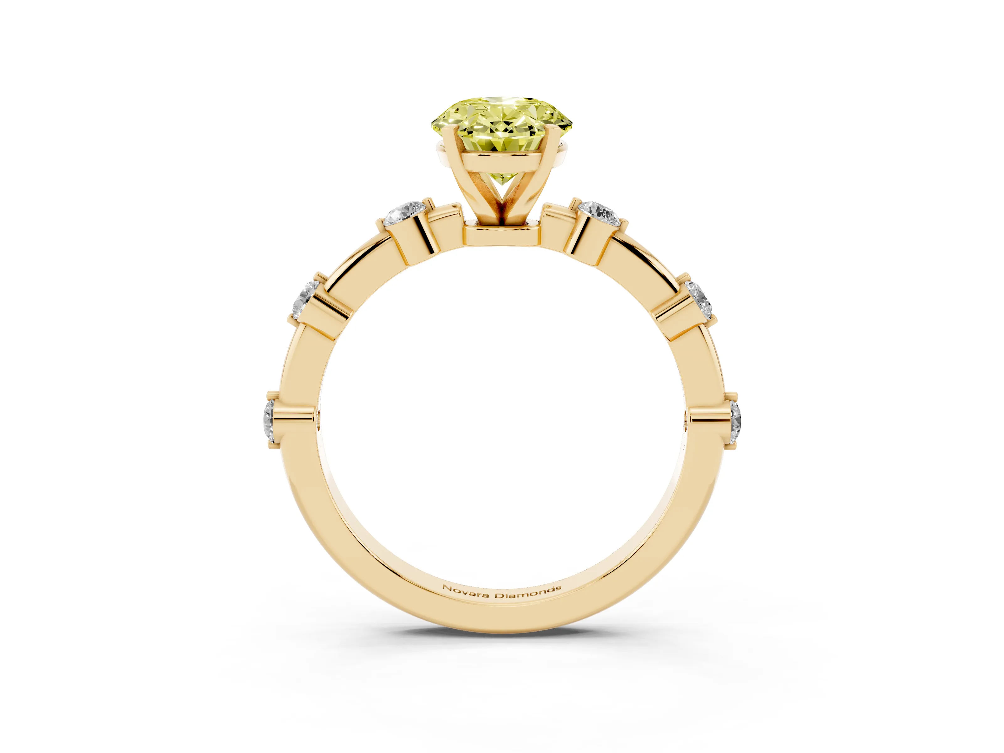 Fancy Yellow Oval Cut Diamond Solitaire Ring Set in Yellow gold with Bezel Set Side Stones and Prong Setting