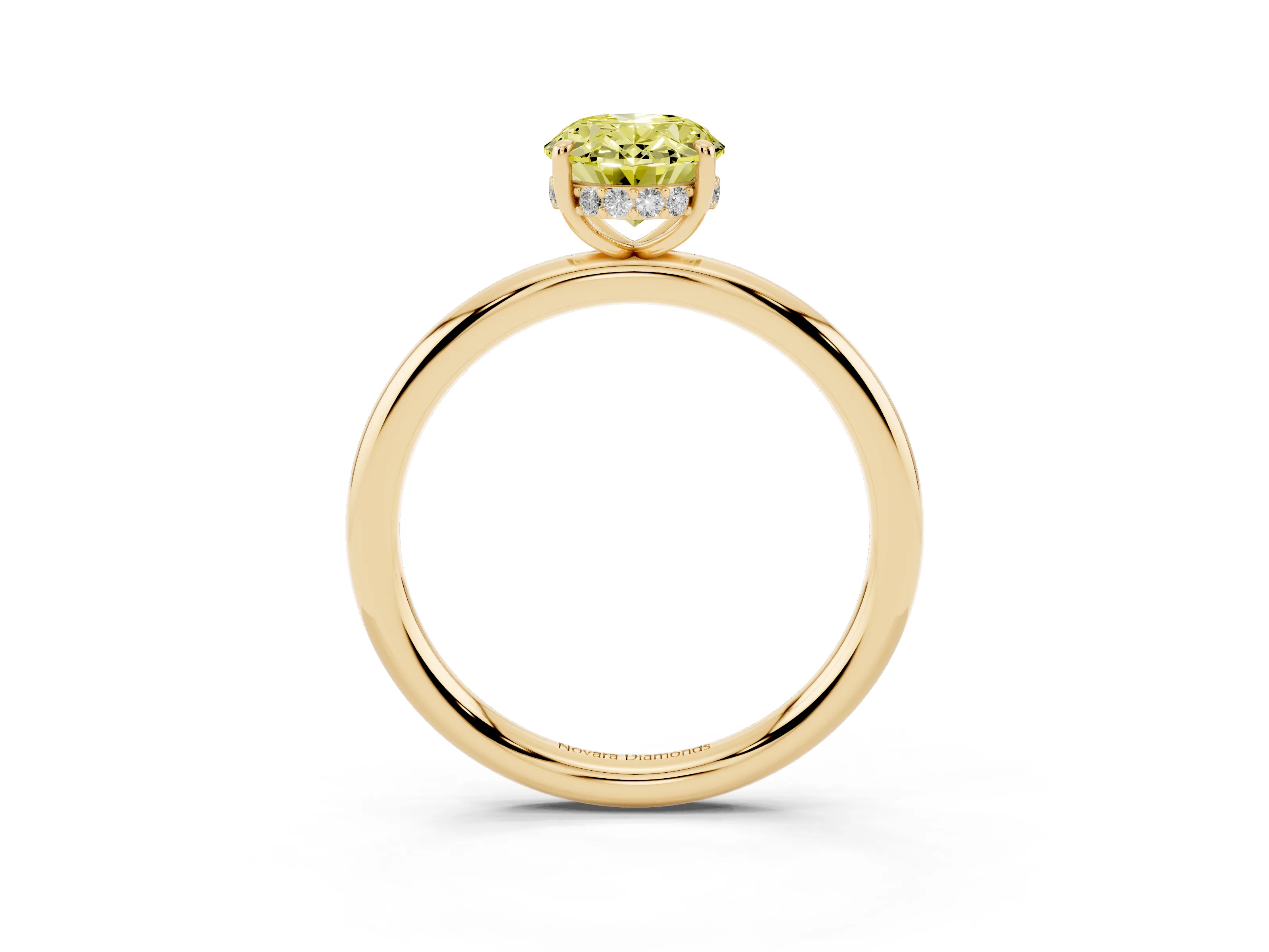 Fancy Yellow Oval Cut Diamond Solitaire Ring Set in Yellow gold with Thin Band and Prong Setting
