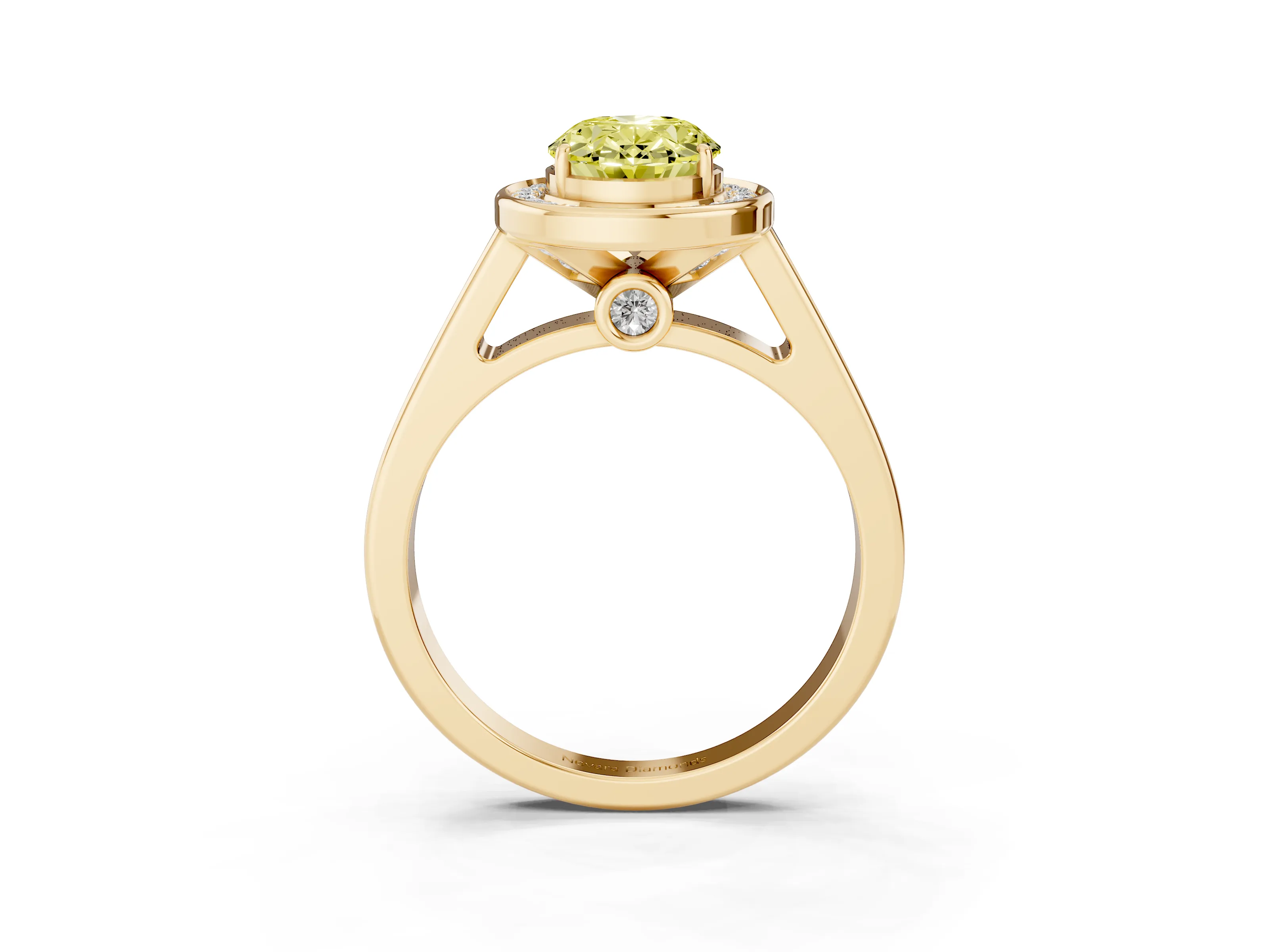 Fancy Yellow Oval Cut Diamond Halo Solitaire Ring Set in Yellow gold with Pavé Band and Bezel Setting