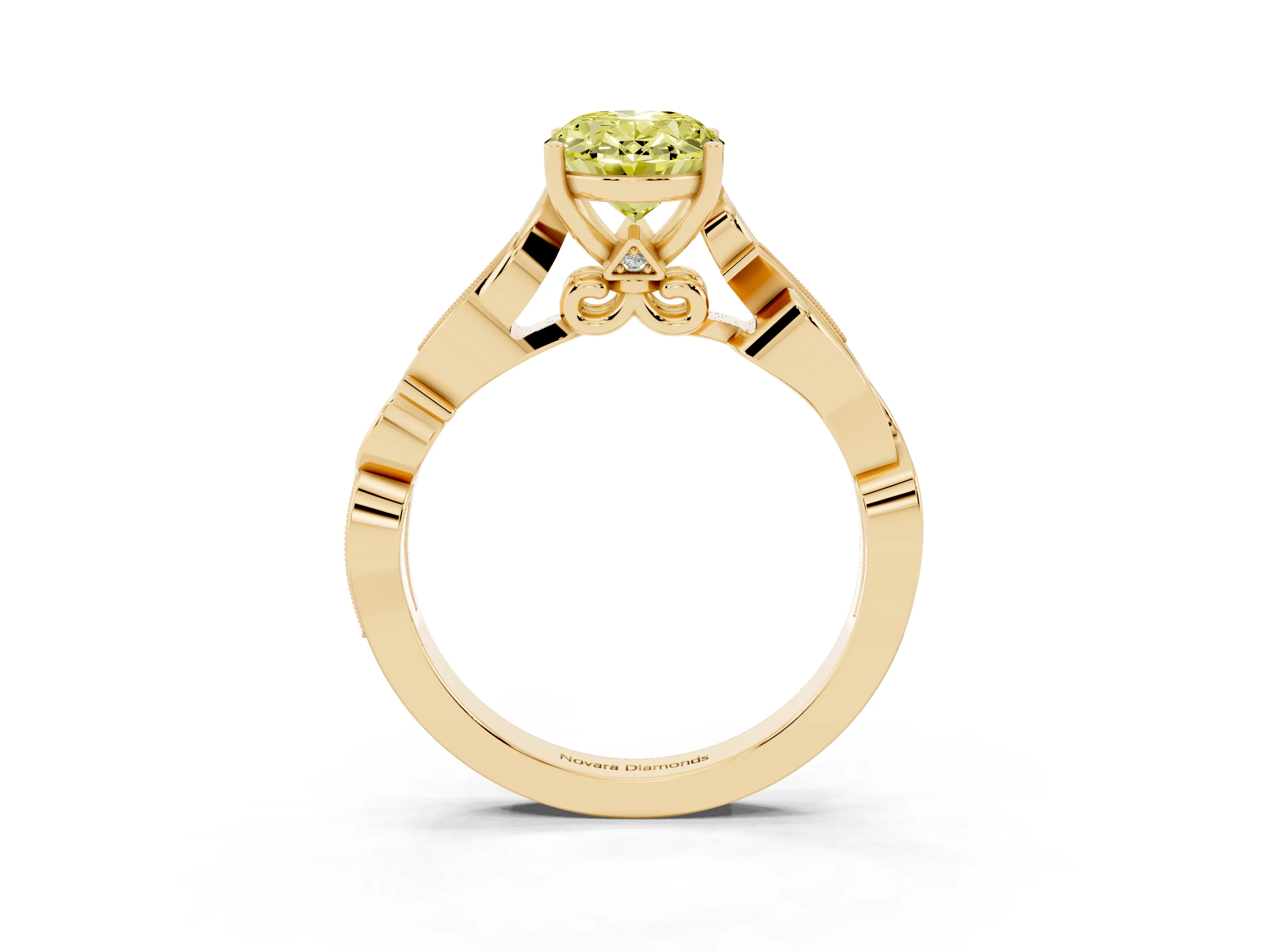 Fancy Yellow Oval Cut Diamond Vine Band Solitaire Ring Set in Yellow gold with Milgrain Prong Setting