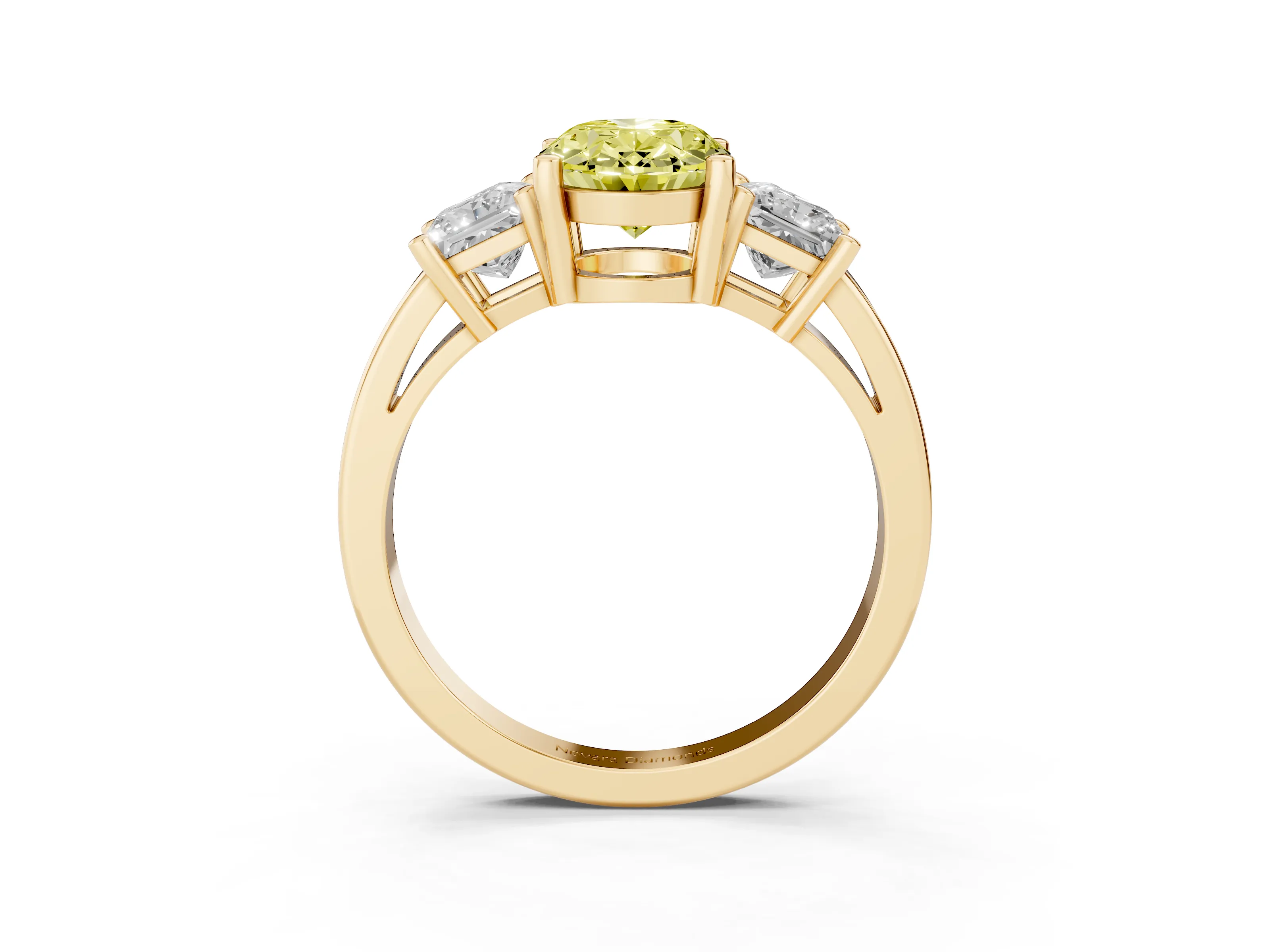 Fancy Yellow Three-Stone Oval Cut Diamond Solitaire Ring Set in Yellow gold with Prong Setting