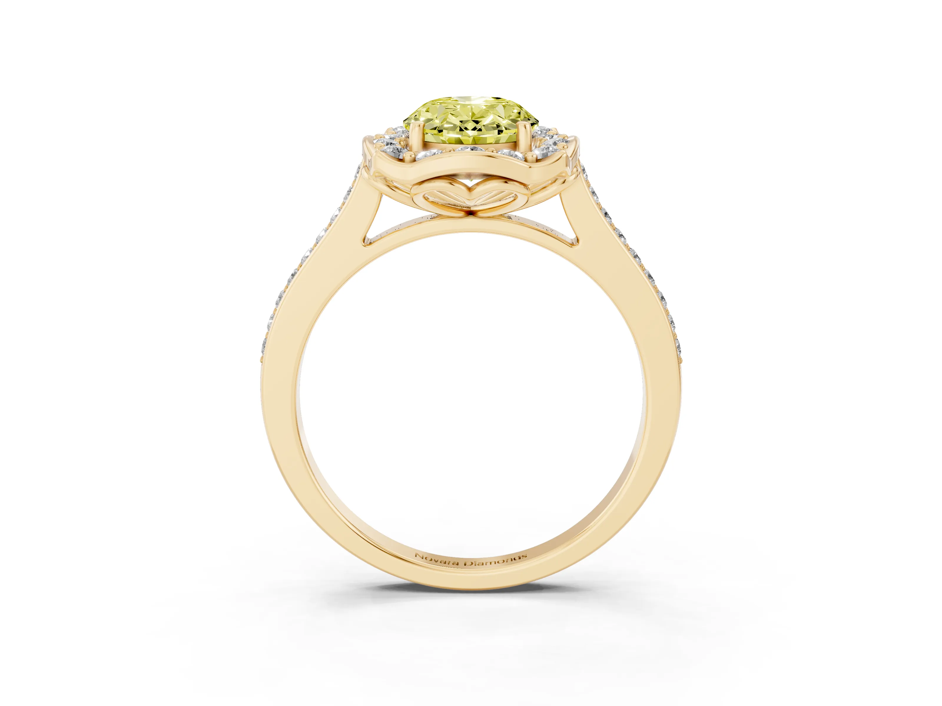 Fancy Yellow Oval Cut Diamond Halo Ring Set in Yellow gold with Pavé-Lined Shoulders and Prong Setting