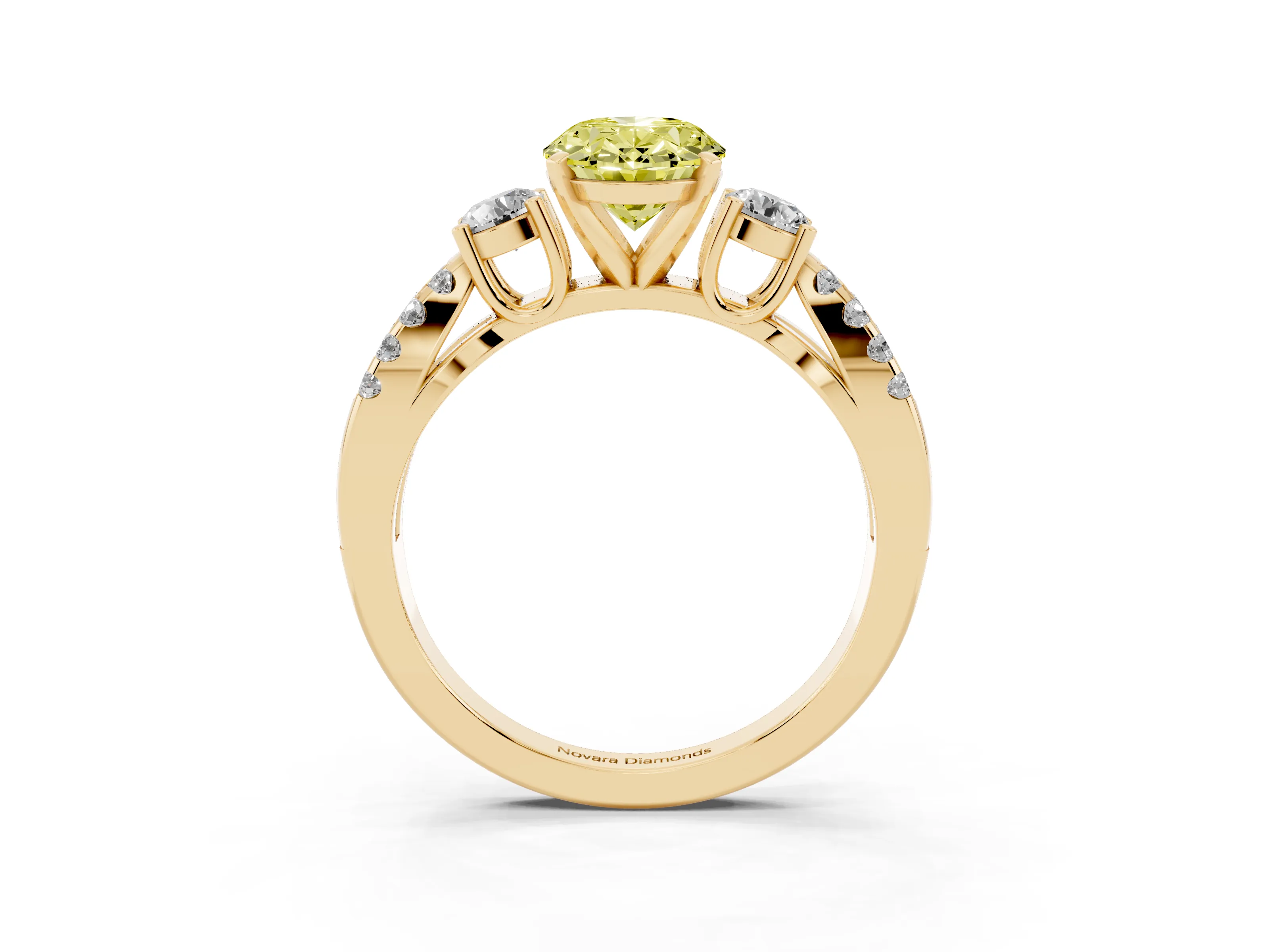 Fancy Yellow Oval Cut Diamond Three-Stone Ring Set in Yellow gold with Pavé Split Shank and Prong Setting