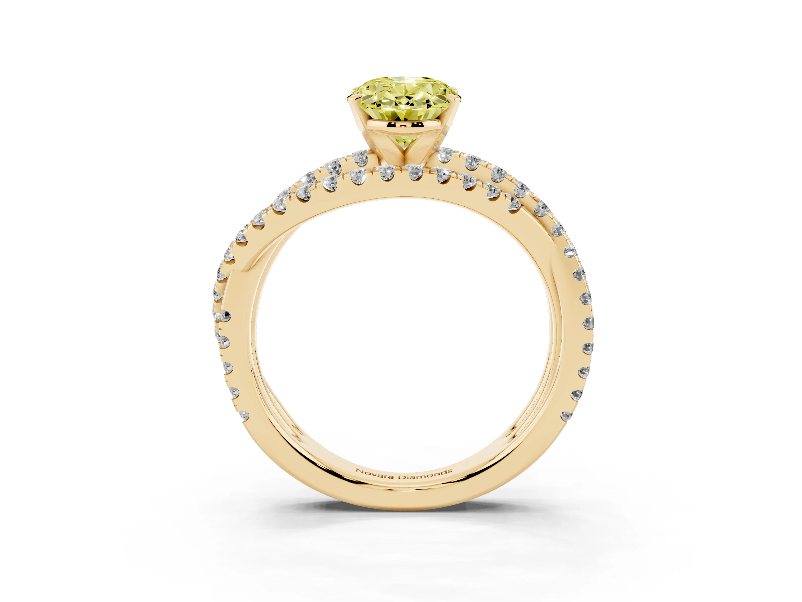 Fancy Yellow Oval Cut Diamond Solitaire Twist Band Ring Set in Yellow gold with Pavé Setting and Prong Head