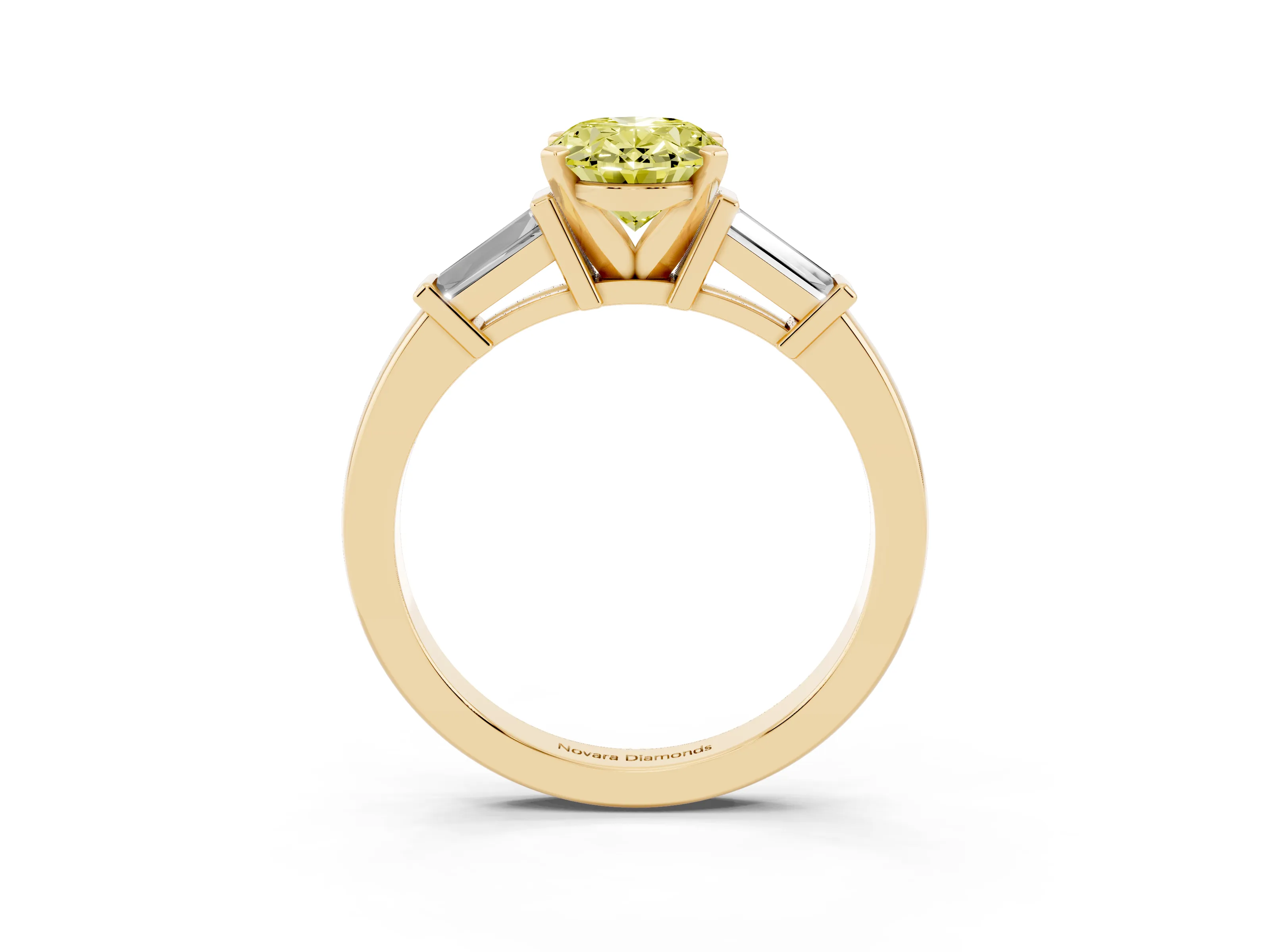 Fancy Yellow Oval Cut Diamond Solitaire Ring Set in Yellow gold with Tapered Baguette Accents and Prong Setting