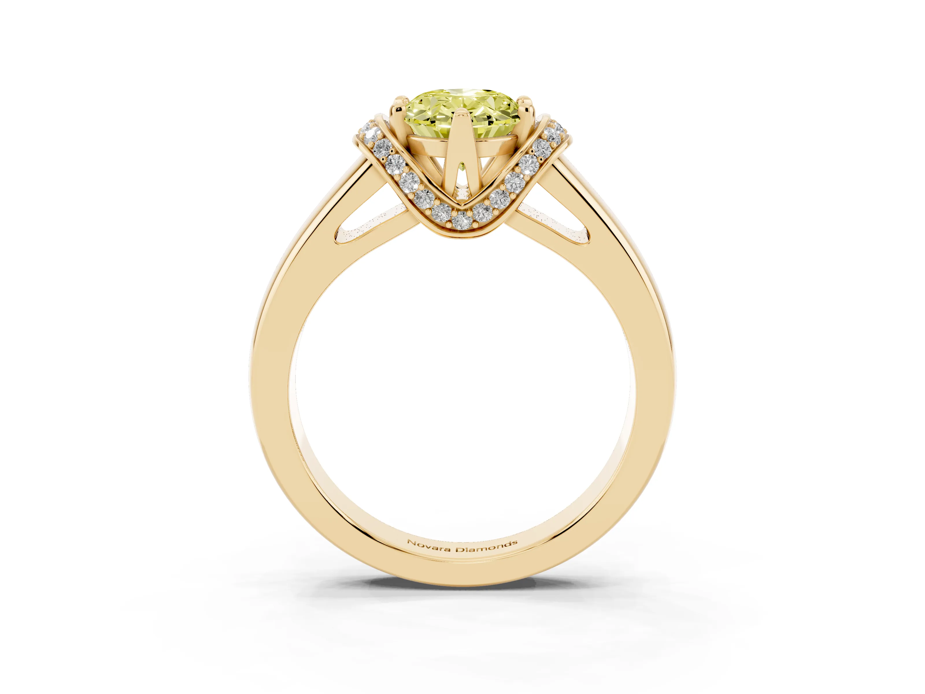 Fancy Yellow Oval Cut Diamond Pavé Band Solitaire Ring Set in Yellow gold with Prong Setting