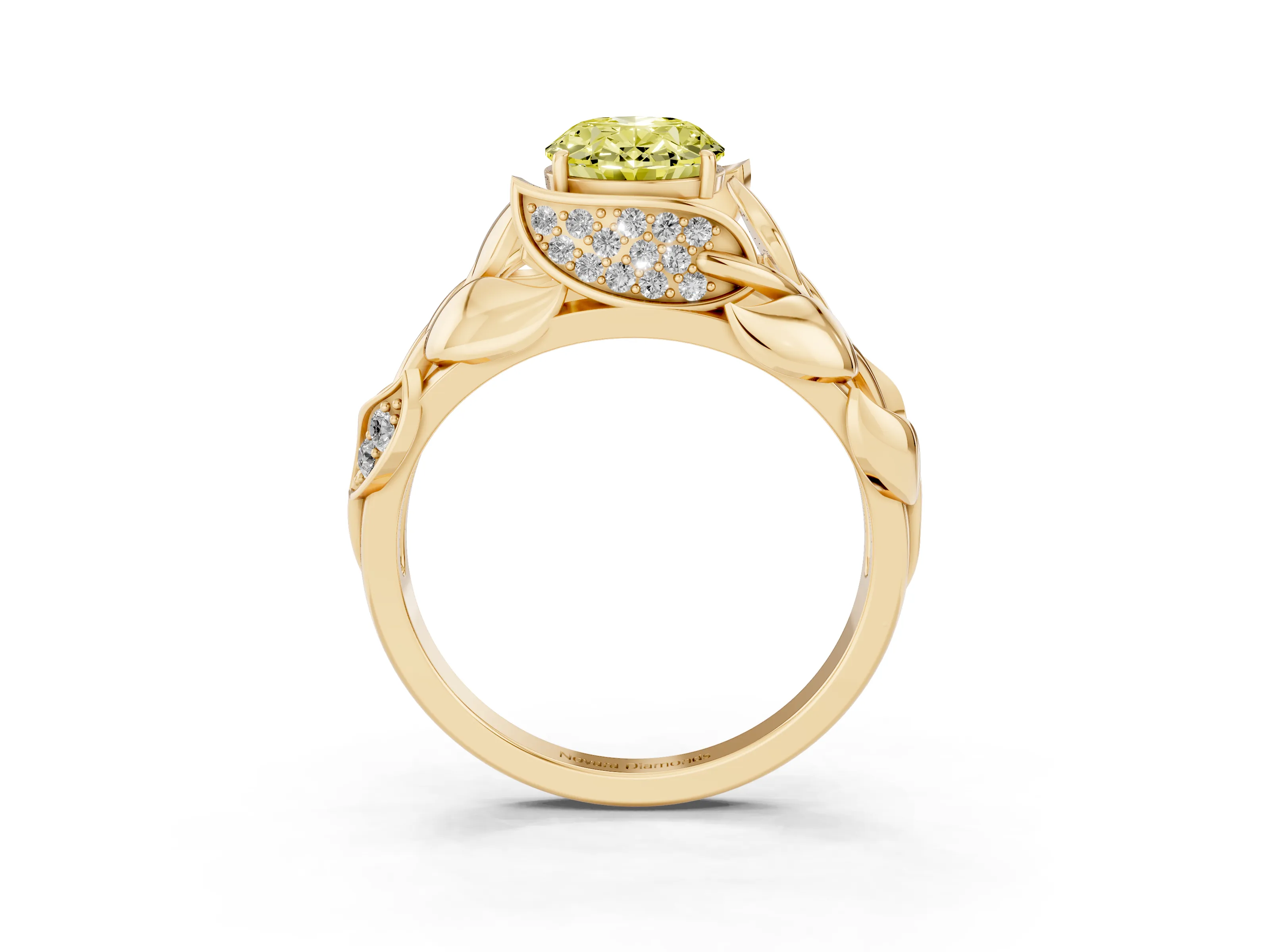 Fancy Yellow Oval Cut Diamond Leaf-Inspired Engagement Ring Set in Yellow gold with Round Accents