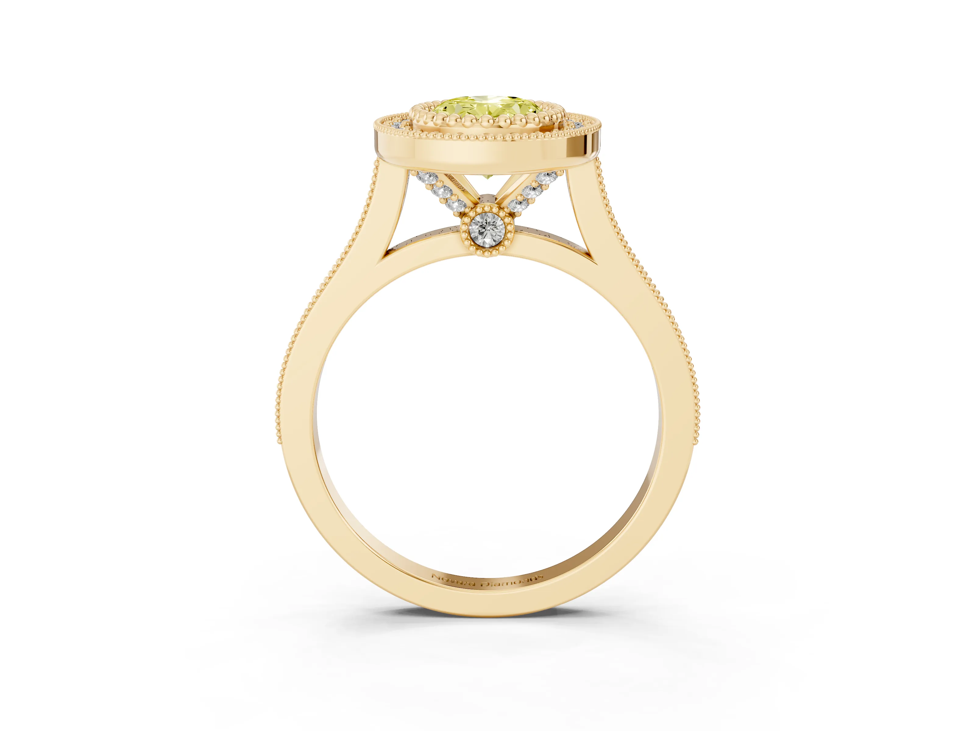 Fancy Yellow Oval Cut Diamond Halo Ring Set in Yellow gold with Milgrain Frame and Pavé Band