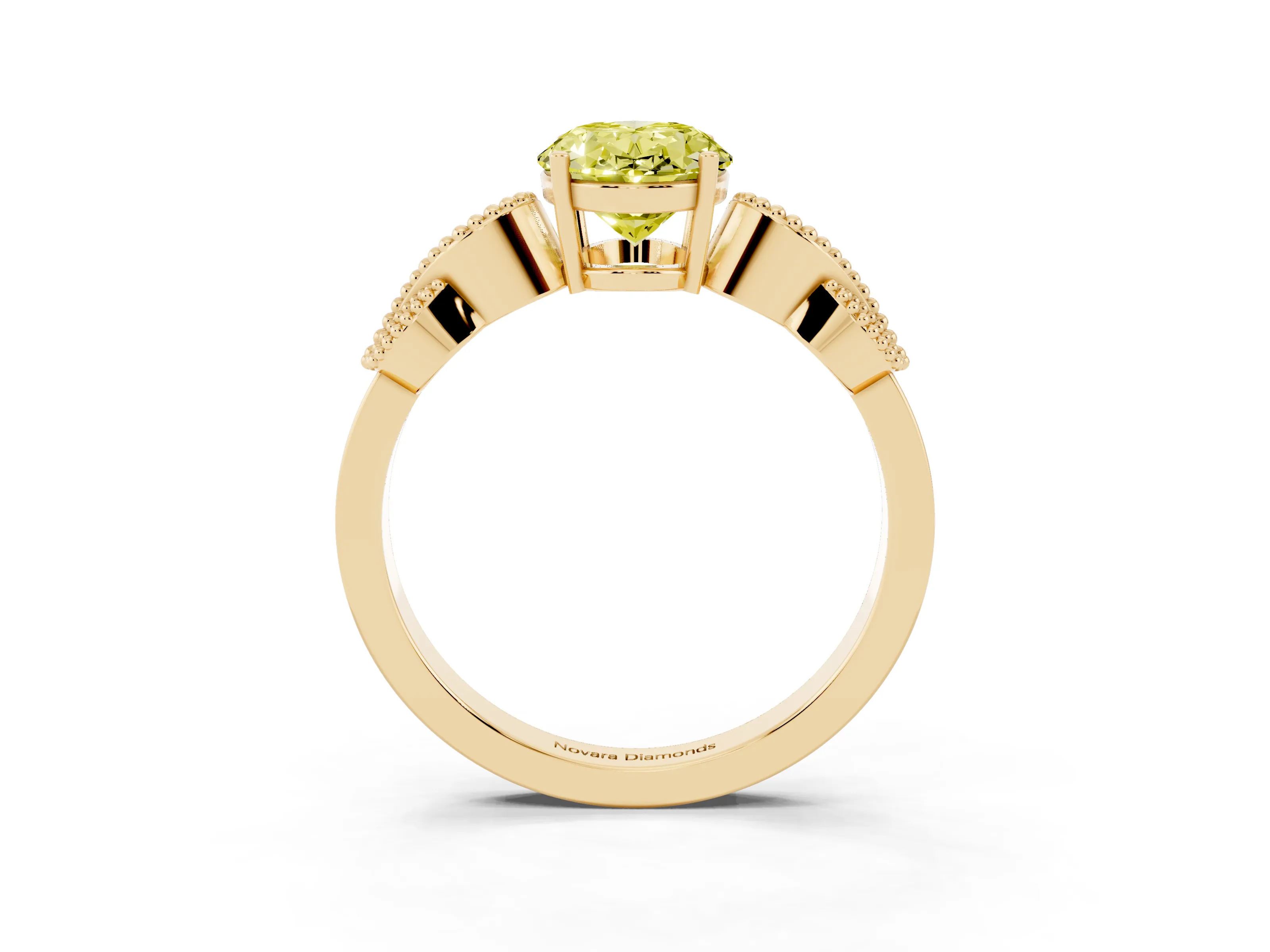 Fancy Yellow Oval Cut Diamond Milgrain Leaf Band Solitaire Ring Set in Yellow gold with Accent Stones and Prong Setting