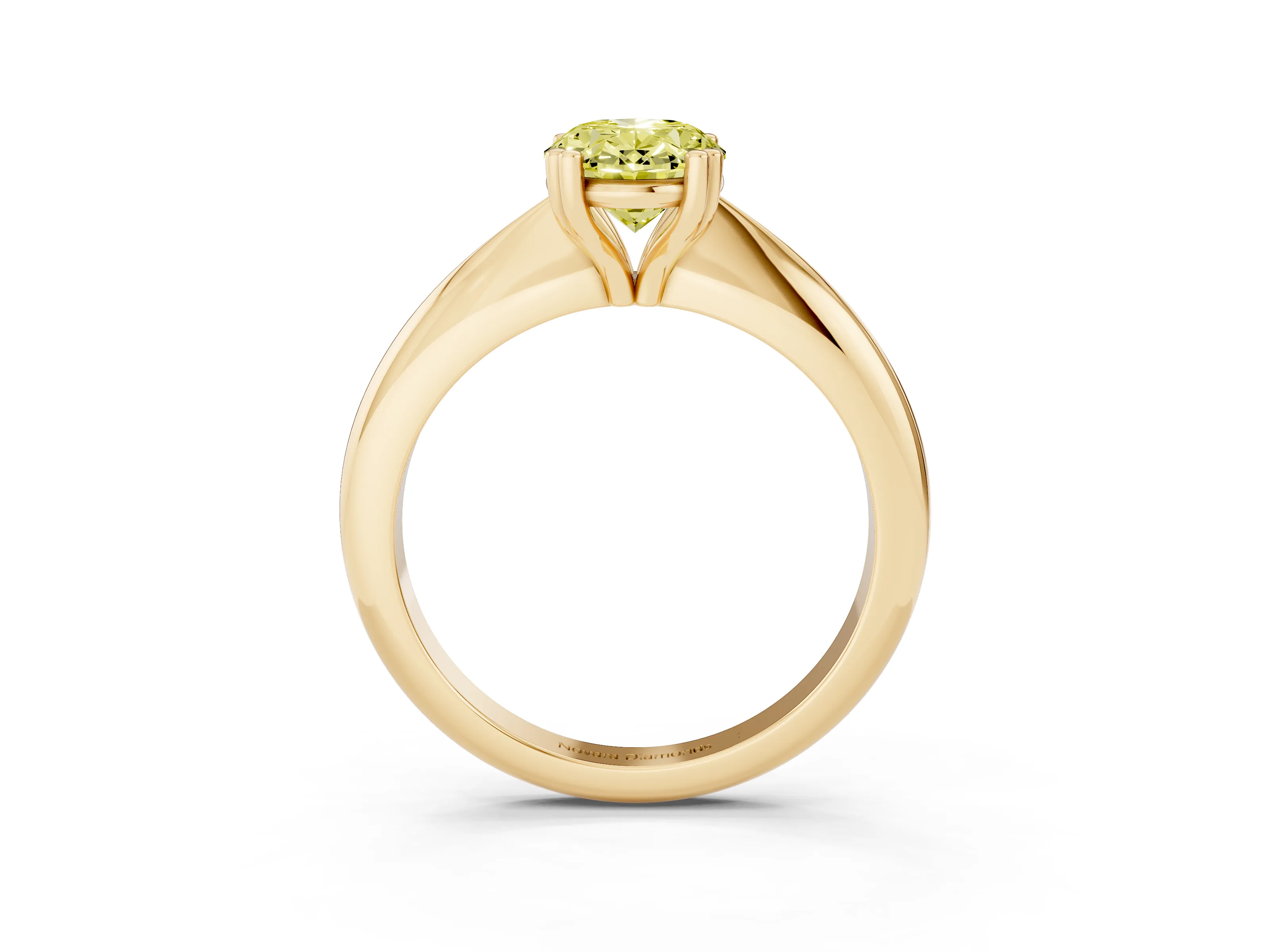 Fancy Yellow Oval Cut Diamond Solitaire Engagement Ring Set in Yellow gold with Tapered Band and Prong Setting