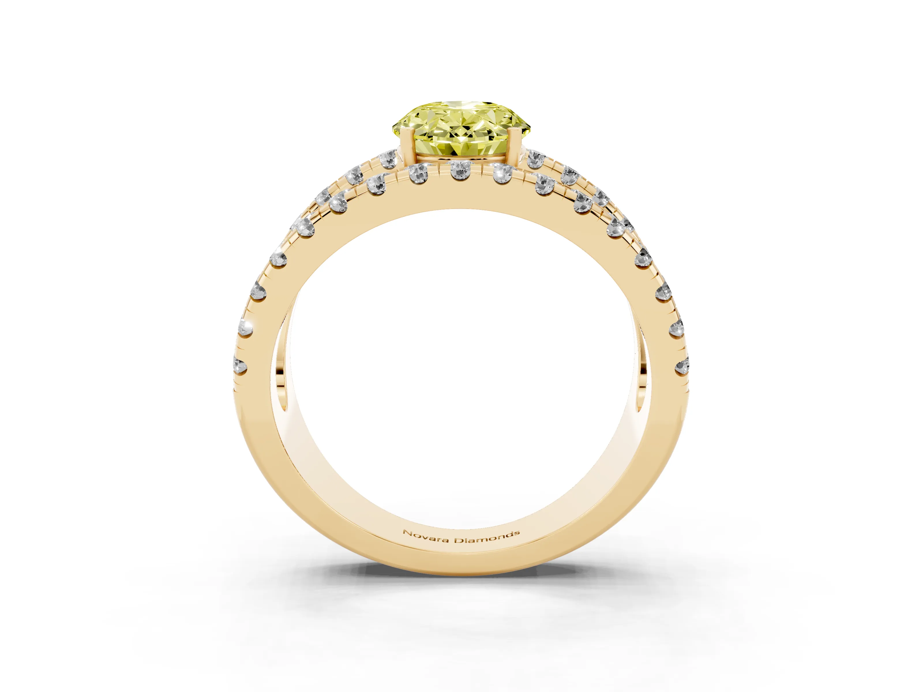 Fancy Yellow Oval Cut Diamond Split Shank Pavé Solitaire Ring Set in Yellow gold with Open Shank Design