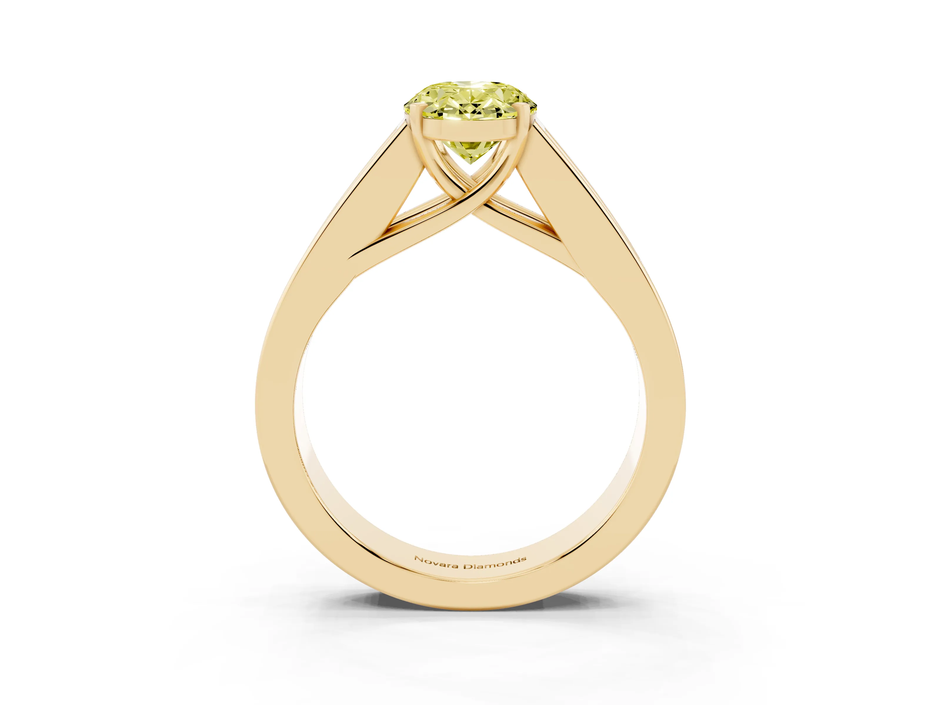 Fancy Yellow Oval Cut Diamond Solitaire Ring Set in Yellow gold with Channel-Set Accent Stones and Prong Setting
