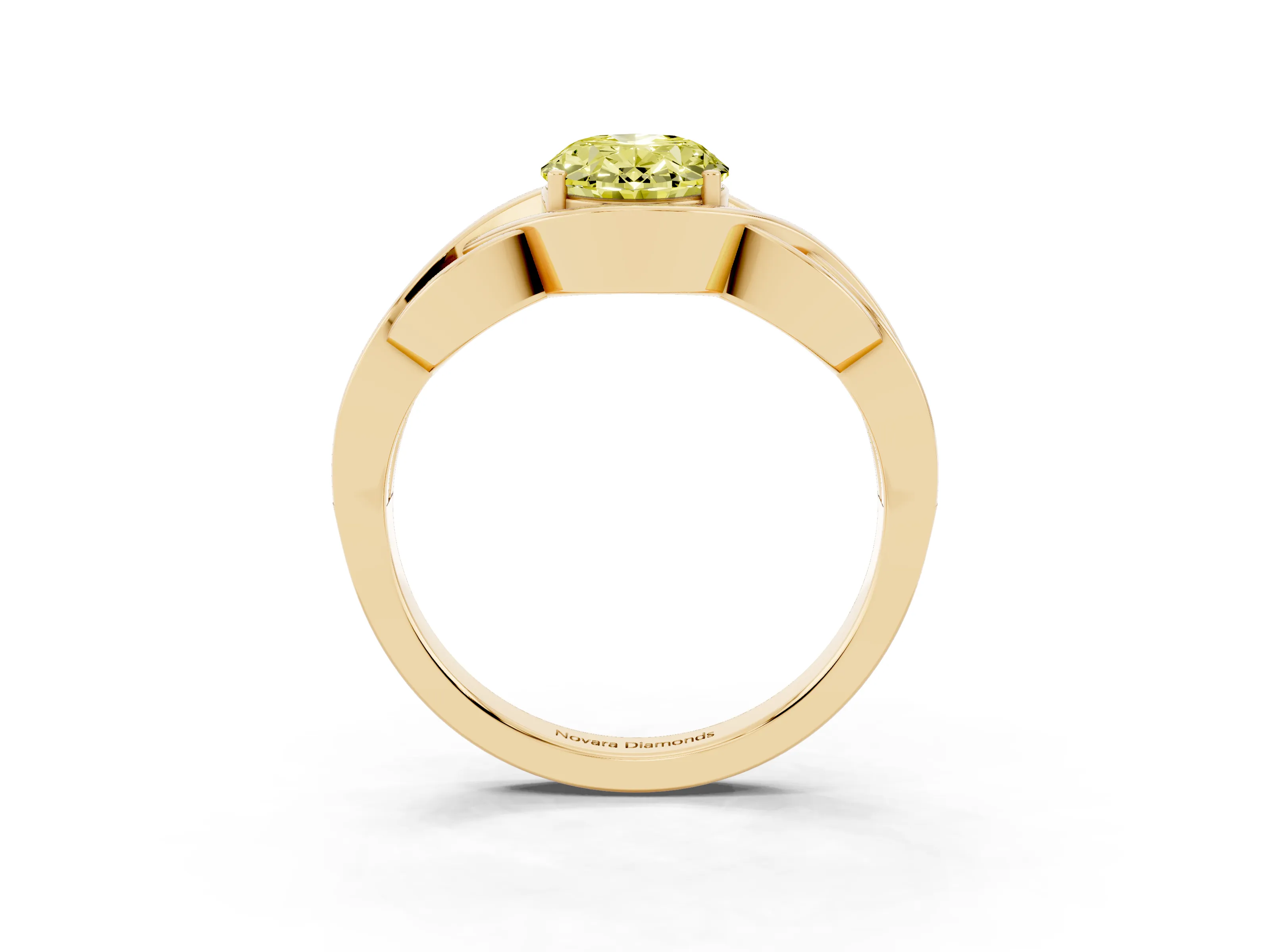 Fancy Yellow Oval Cut Diamond Solitaire Ring Set in Yellow gold with Intertwined Band