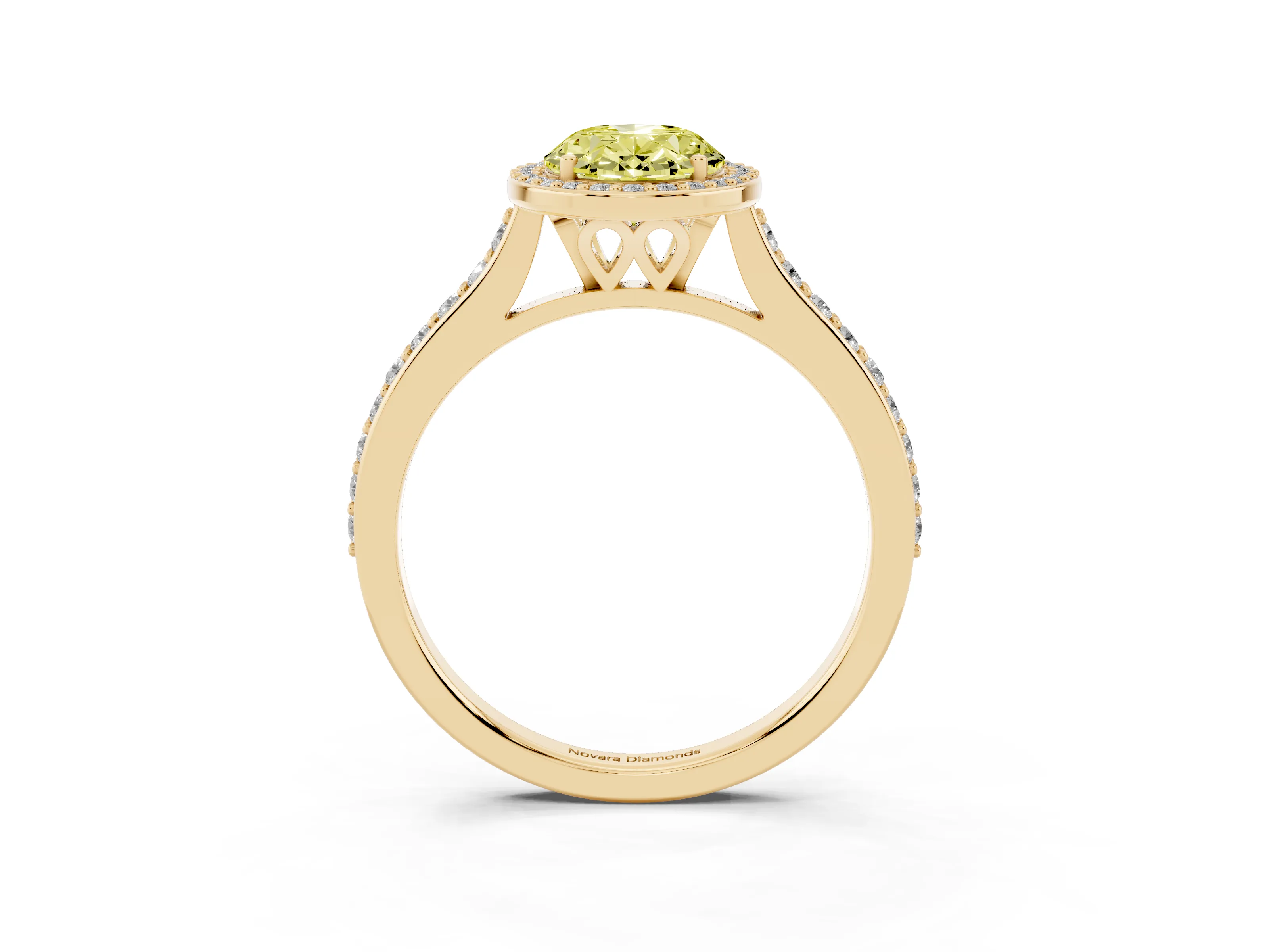 Fancy Yellow Oval Cut Diamond Halo Engagement Ring Set in Yellow gold with Round Pavé Shoulders and Heart Gallery