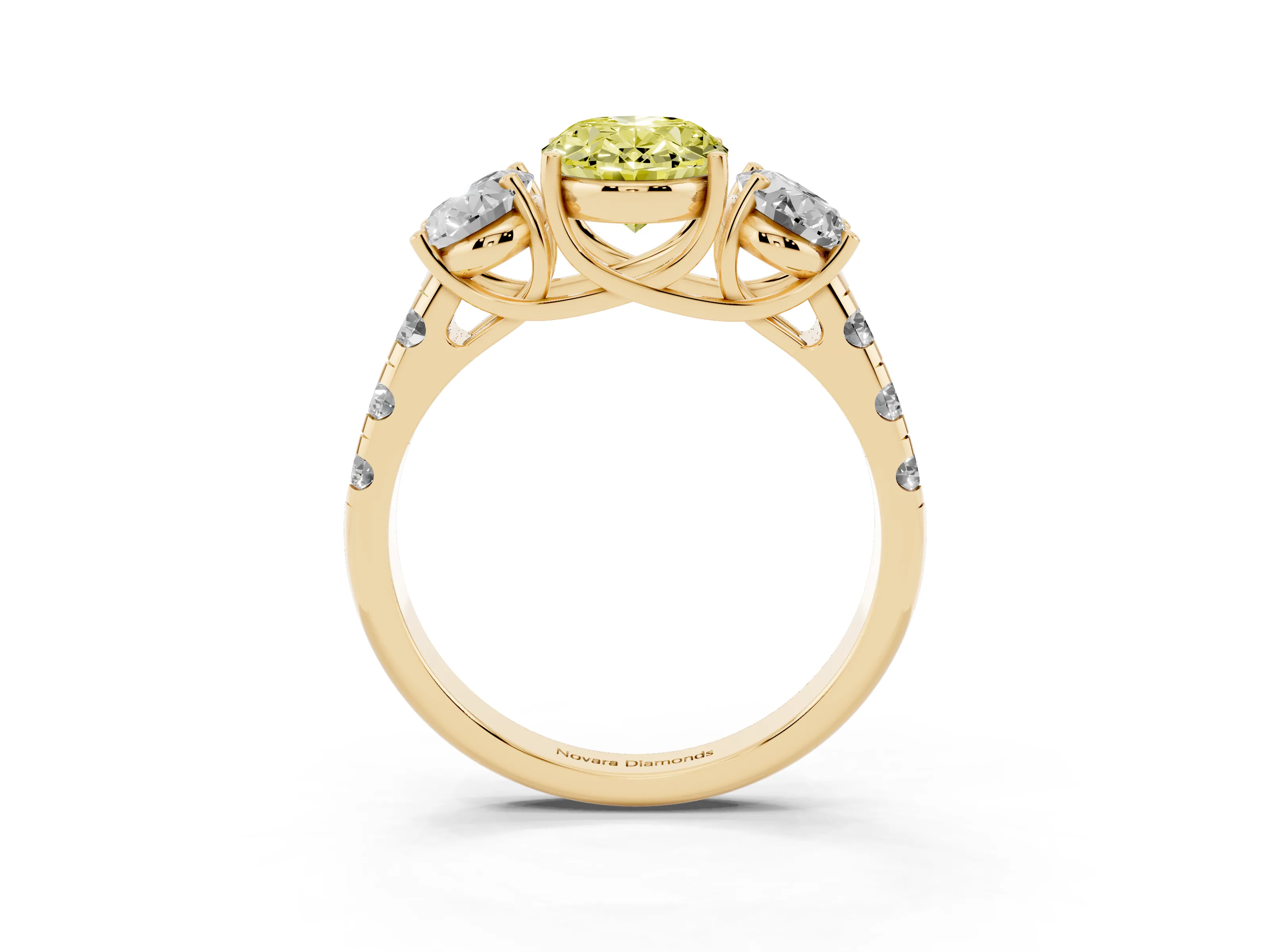 Fancy Yellow Oval Cut Diamond Three-Stone Ring Set in Yellow gold with Pavé Band