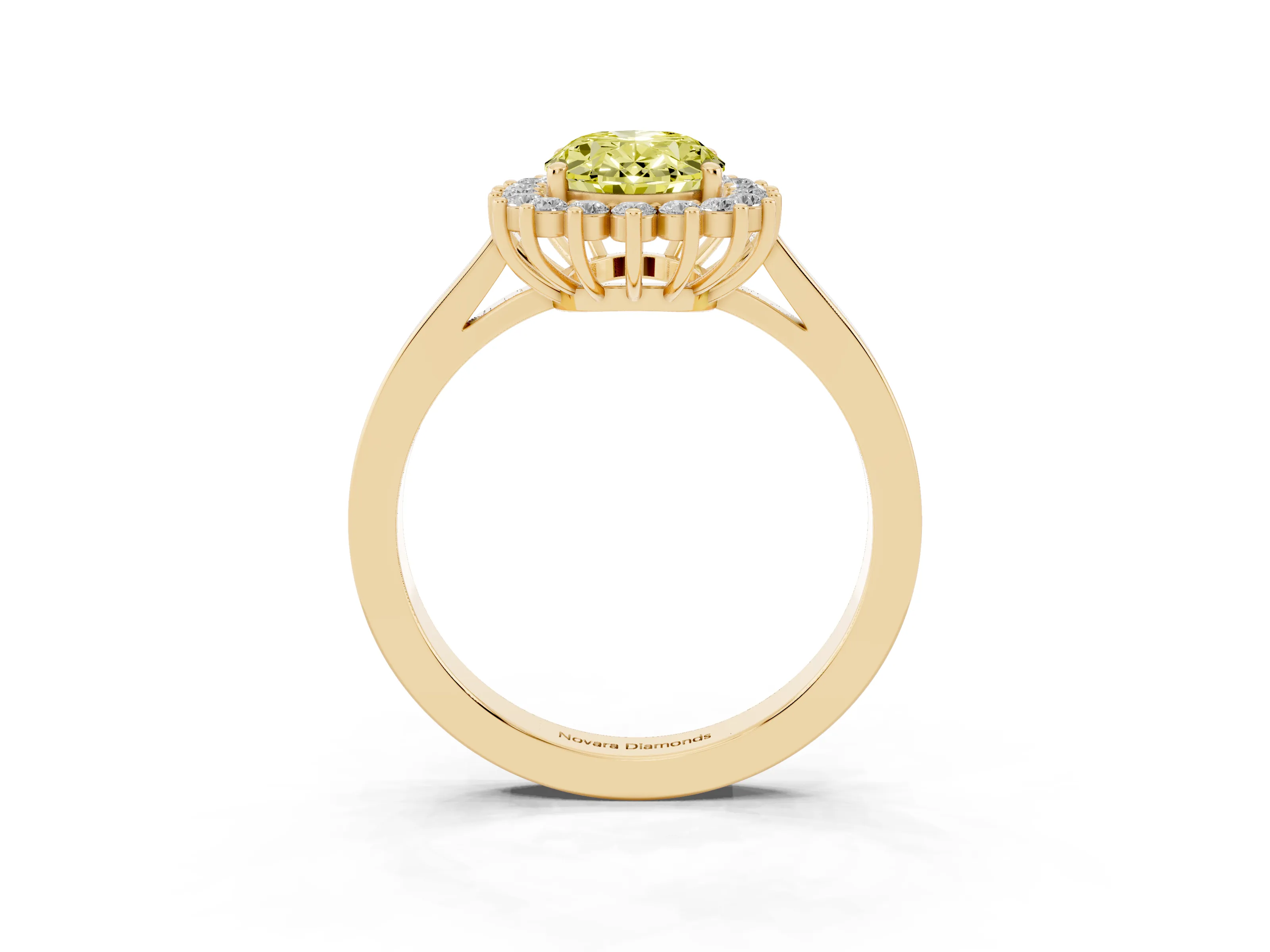 Fancy Yellow Oval Cut Diamond Halo Ring Set in Yellow gold with Round Halo and Smooth Solitaire Band