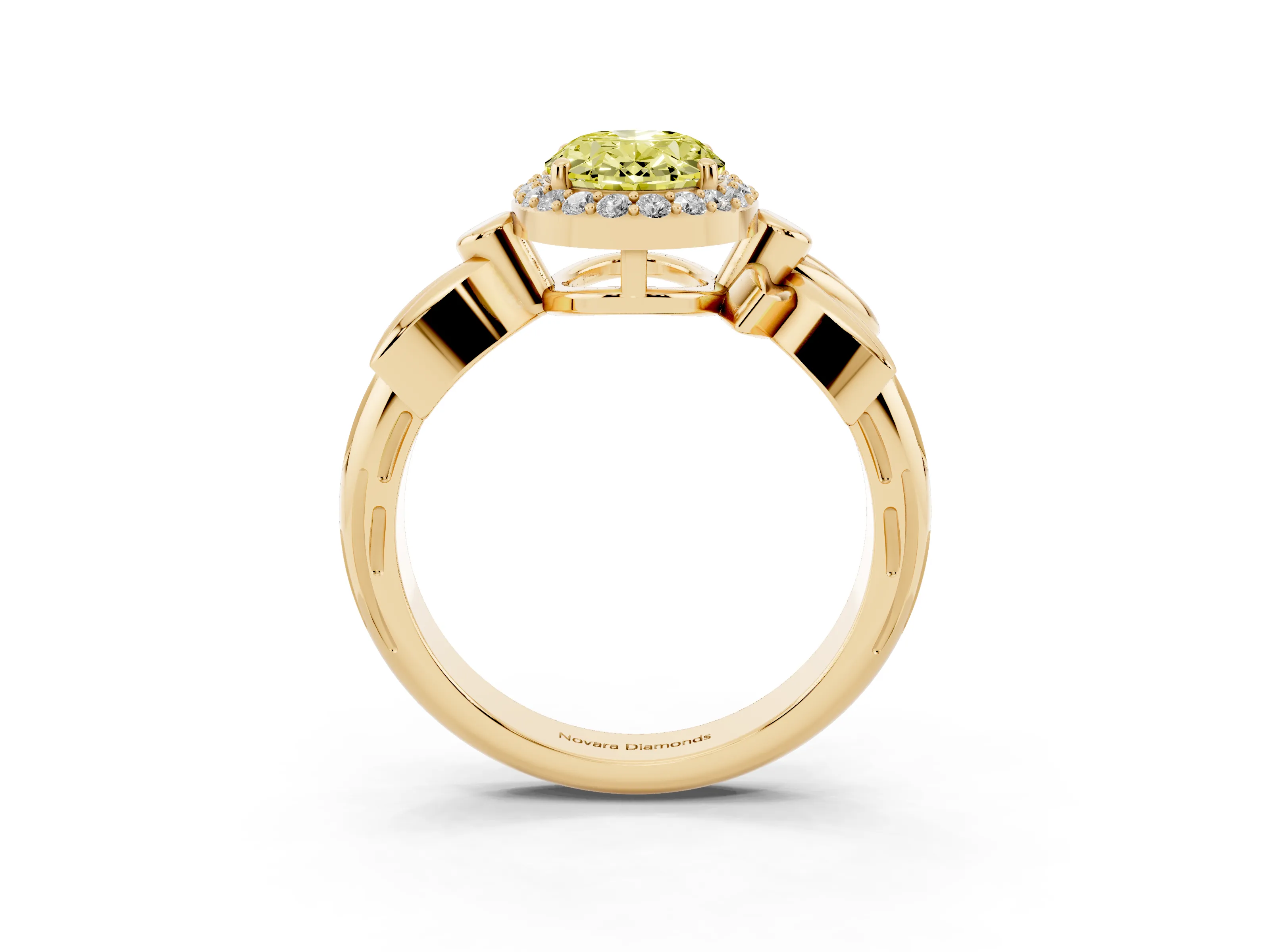 Fancy Yellow Oval Cut Diamond Halo Floral Band Ring Set in Yellow gold with Prong Setting