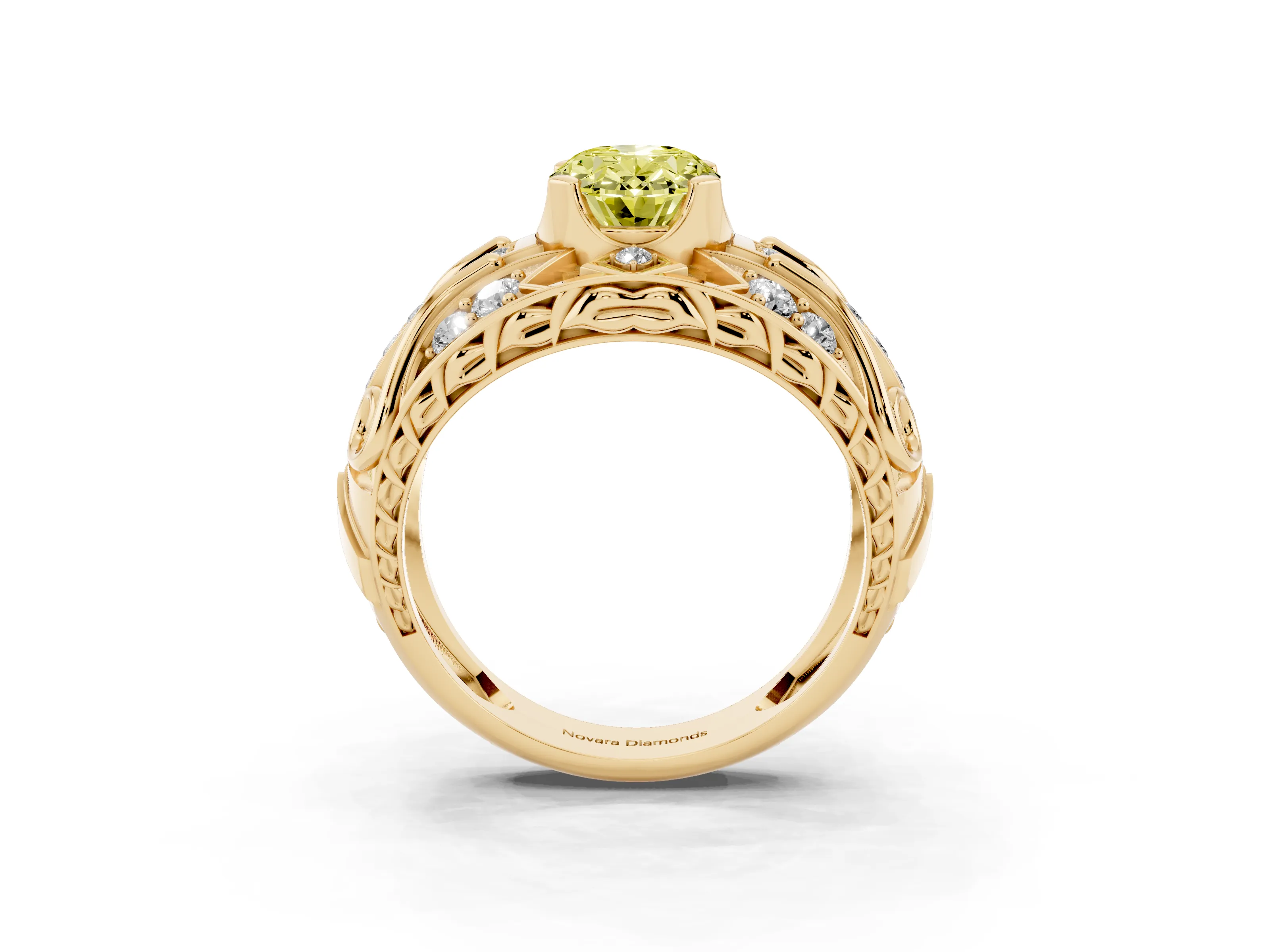 Fancy Yellow Oval Cut Diamond Art Deco Ring Set in Yellow gold with Pavé Split Shank