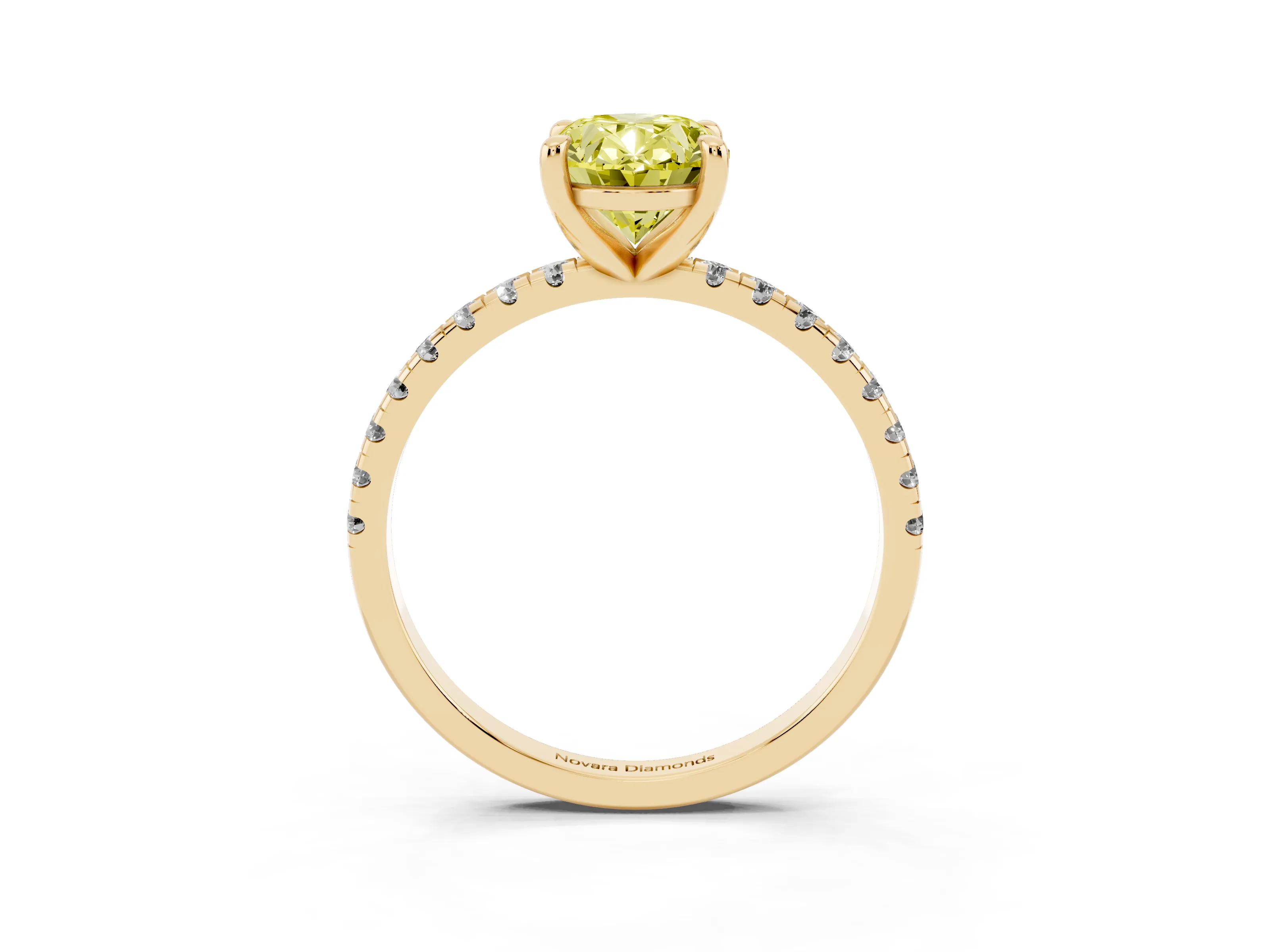 Fancy Yellow Oval Cut Diamond Brilliant Solitaire Ring Set in Yellow gold with Pavé Band and Prong Setting
