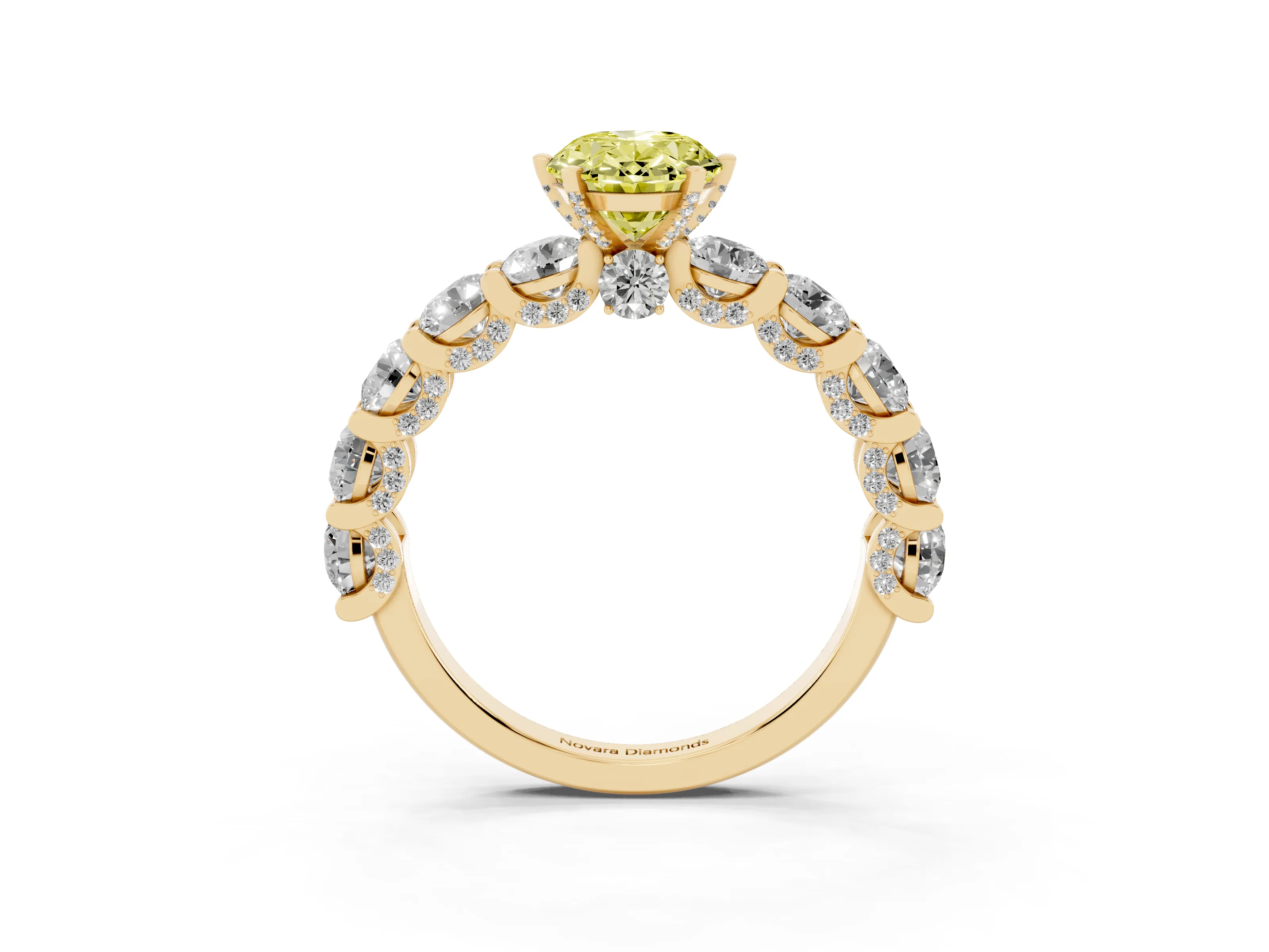 Fancy Yellow Oval Cut Diamond Side Stone Ring Set in Yellow gold with Alternating Round and Oval Side Stones
