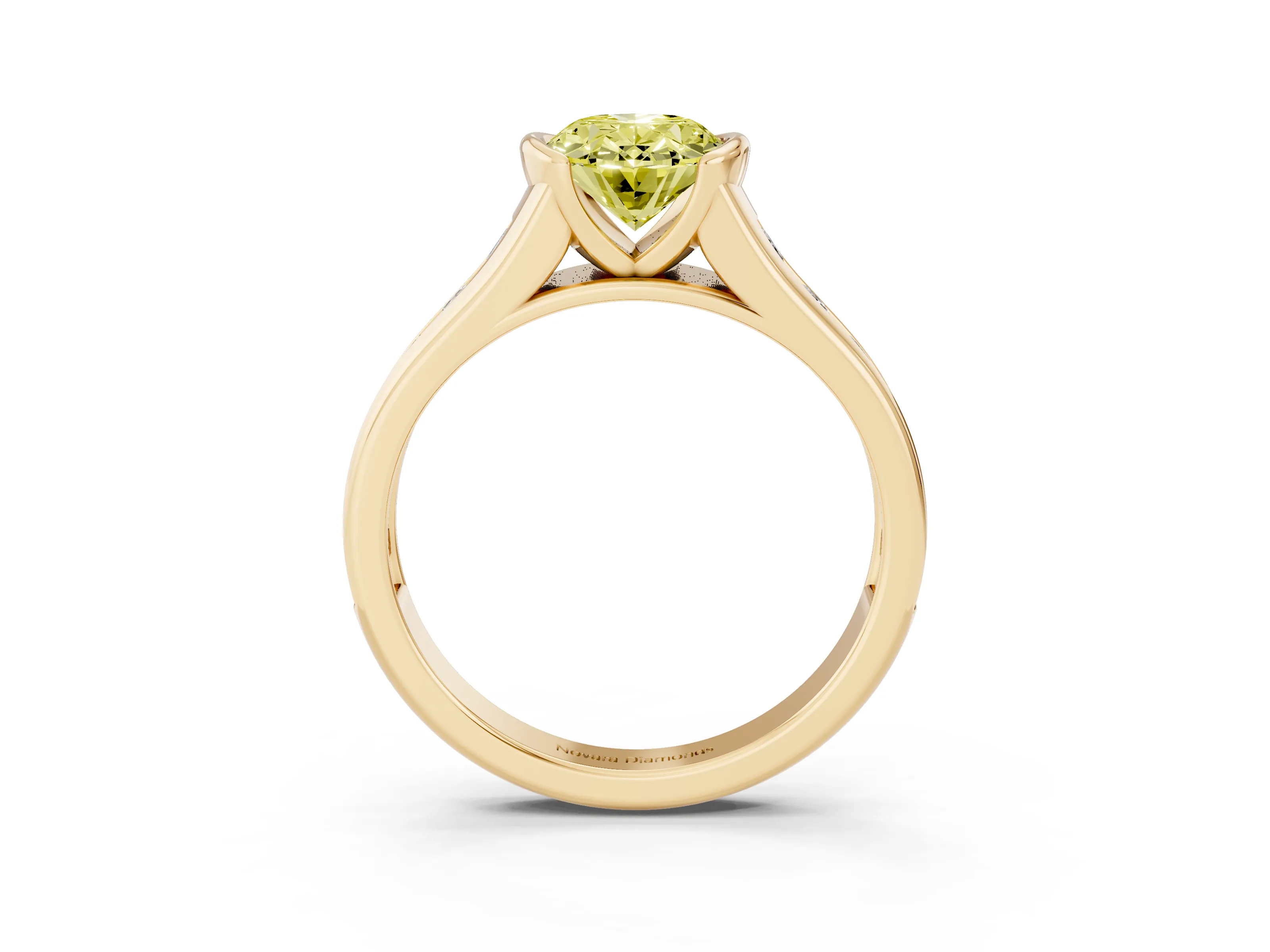 Fancy Yellow Oval Cut Diamond Bezel-Set Solitaire Ring Set in Yellow gold with Channel-Set Band