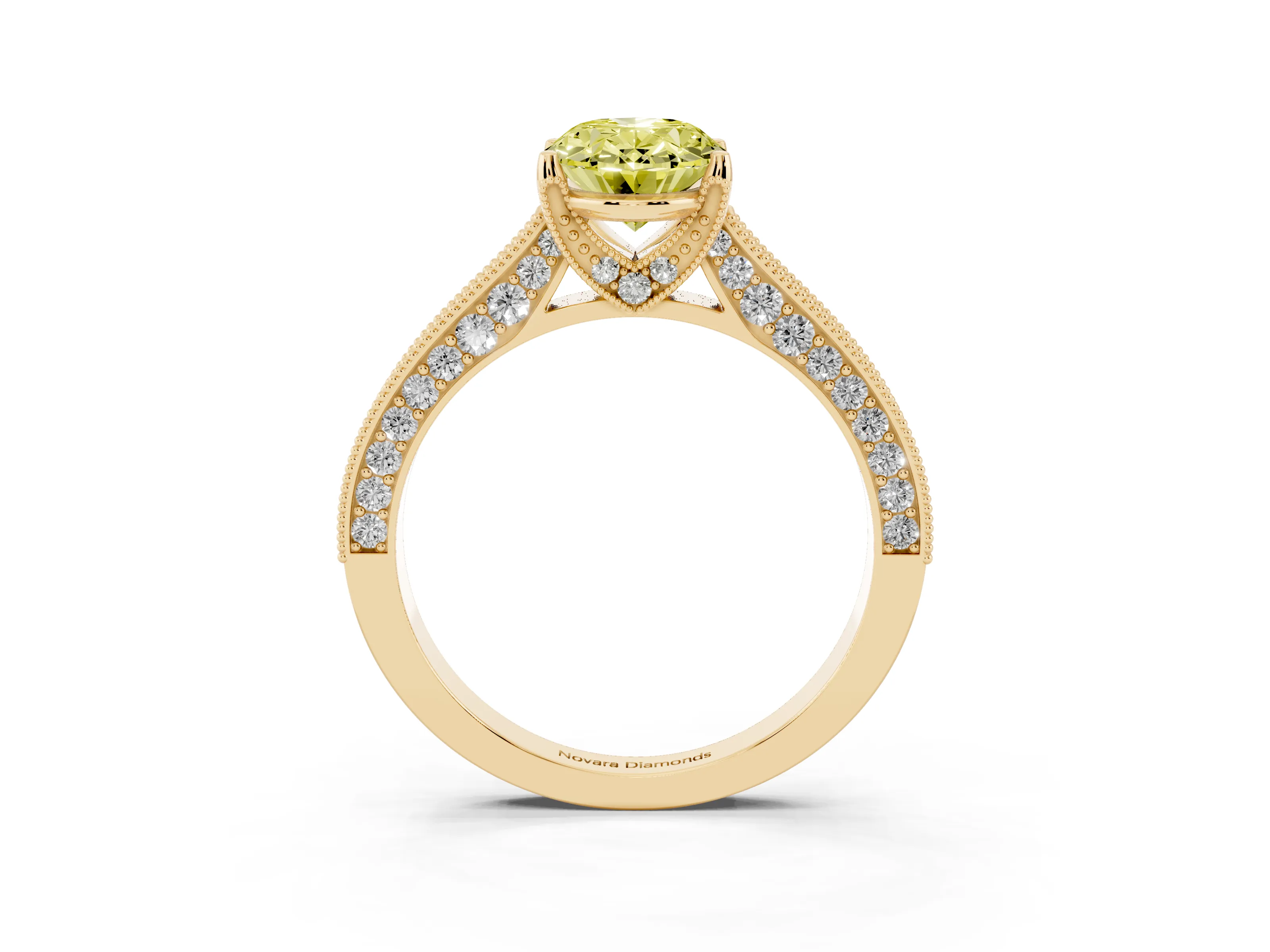 Fancy Yellow Oval Cut Diamond Solitaire Ring Set in Yellow gold with Milgrain-Edged Pavé Band and Prong Setting