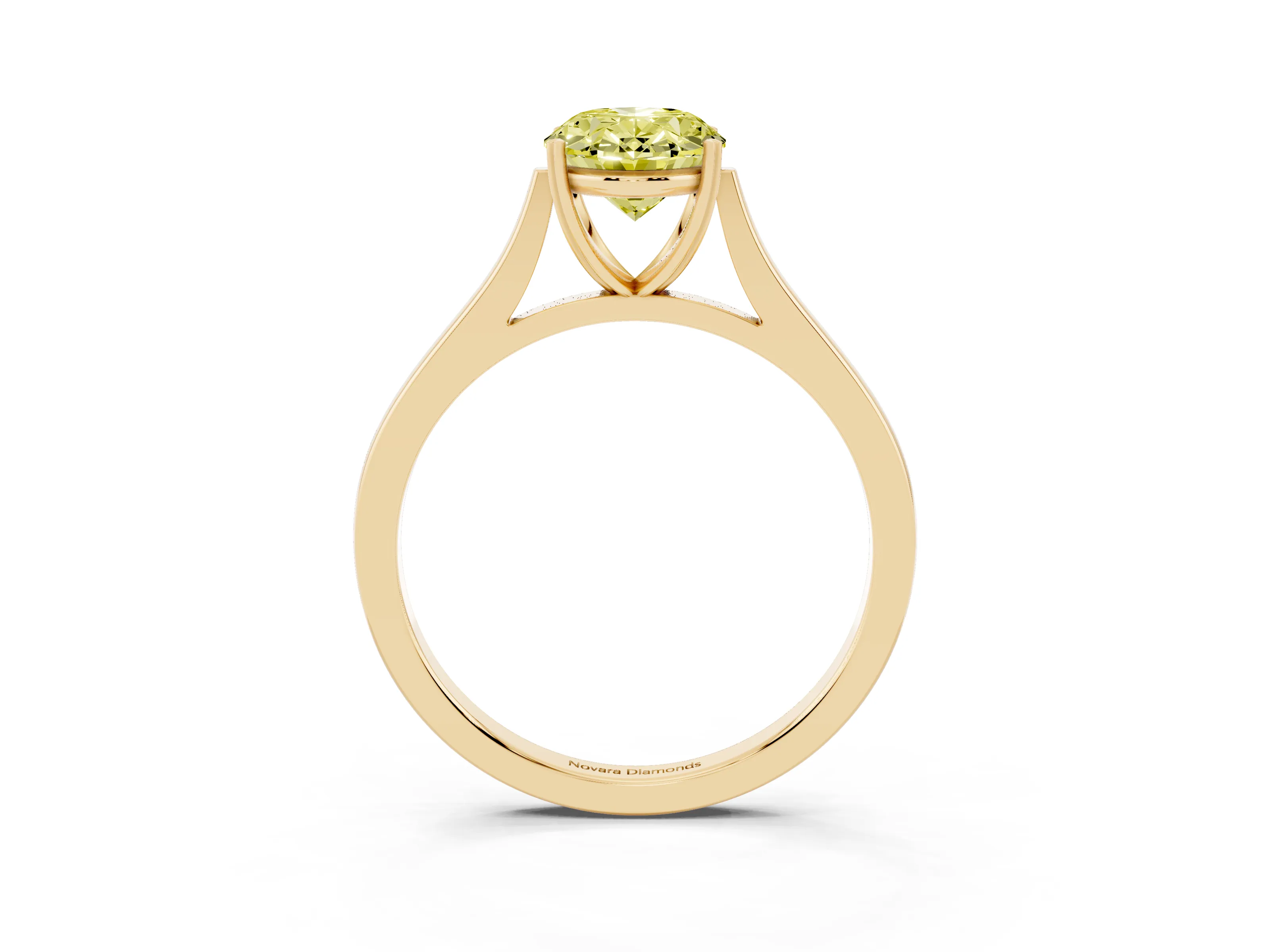 Fancy Yellow Oval Cut Diamond Solitaire Heart Prong Engagement Ring Set in Yellow gold with Tapered Band