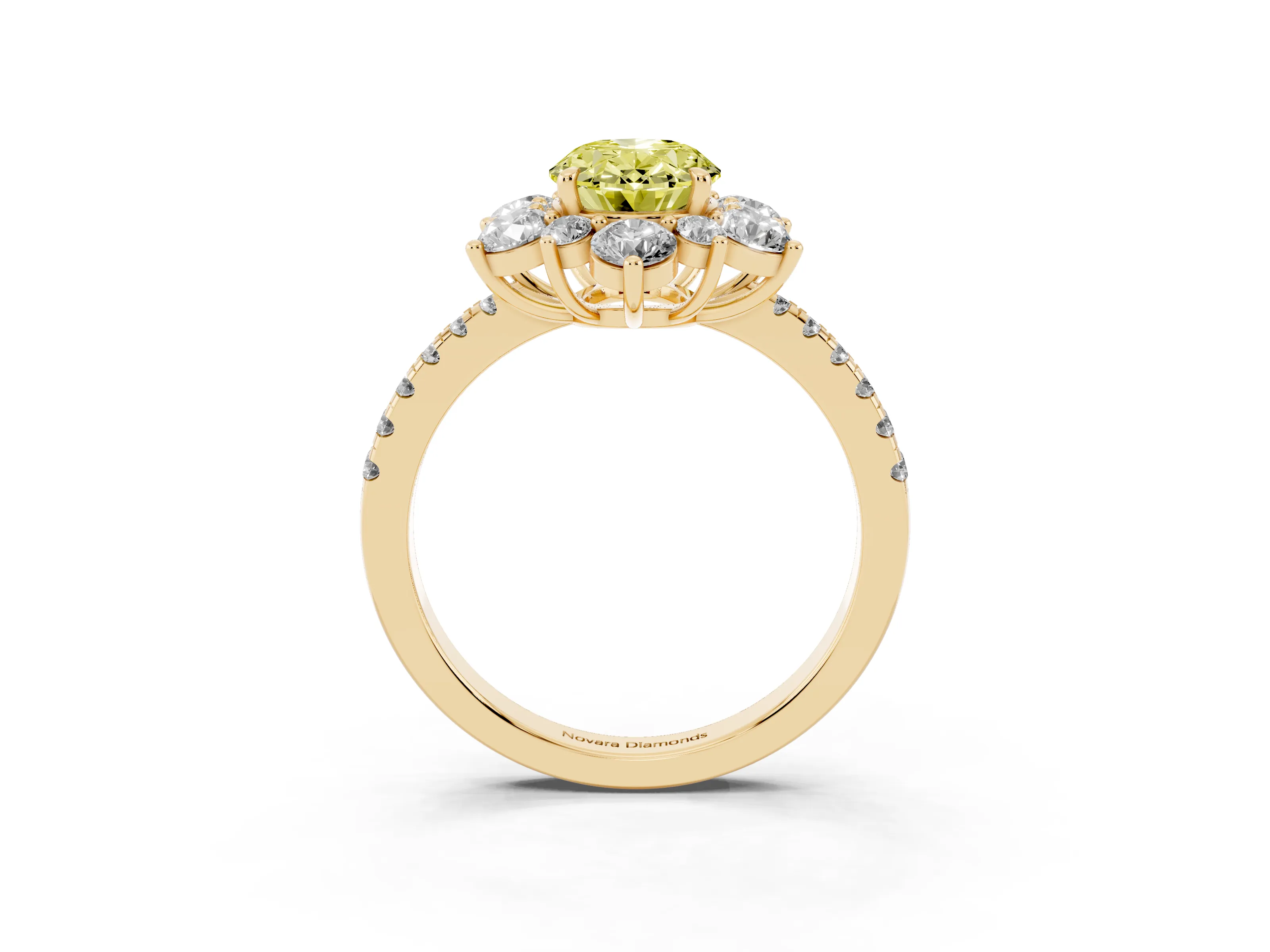 Fancy Yellow Oval Cut Diamond Floral Halo Ring Set in Yellow gold with Round Pavé Band and Prong Setting