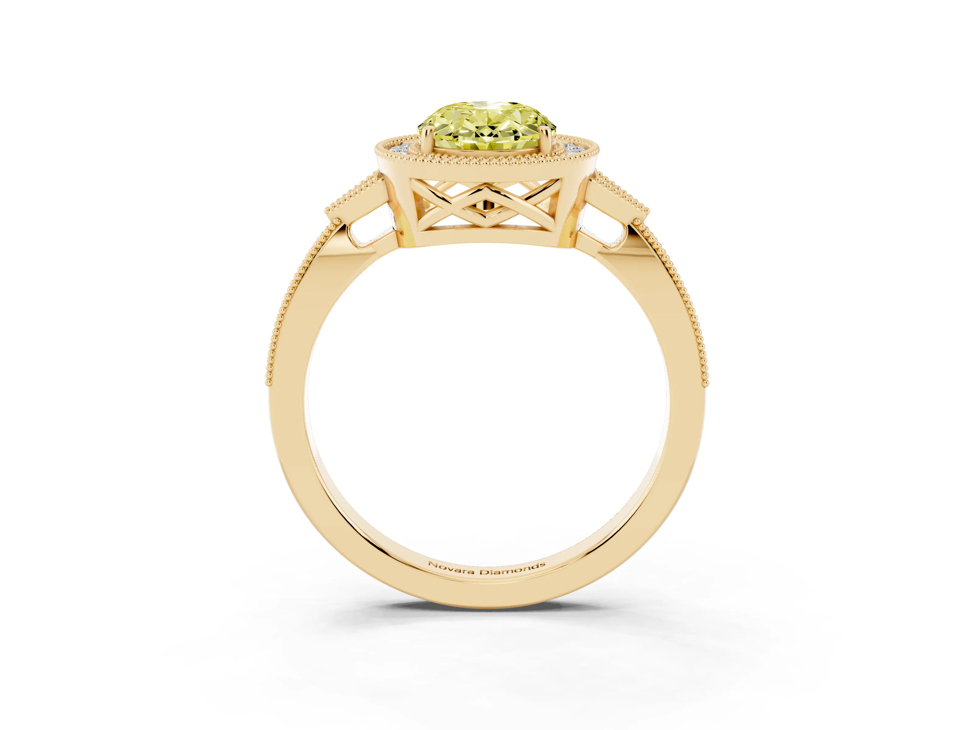 Fancy Yellow Oval Cut Diamond Halo Engagement Ring Set in Yellow gold with Milgrain Pavé Band