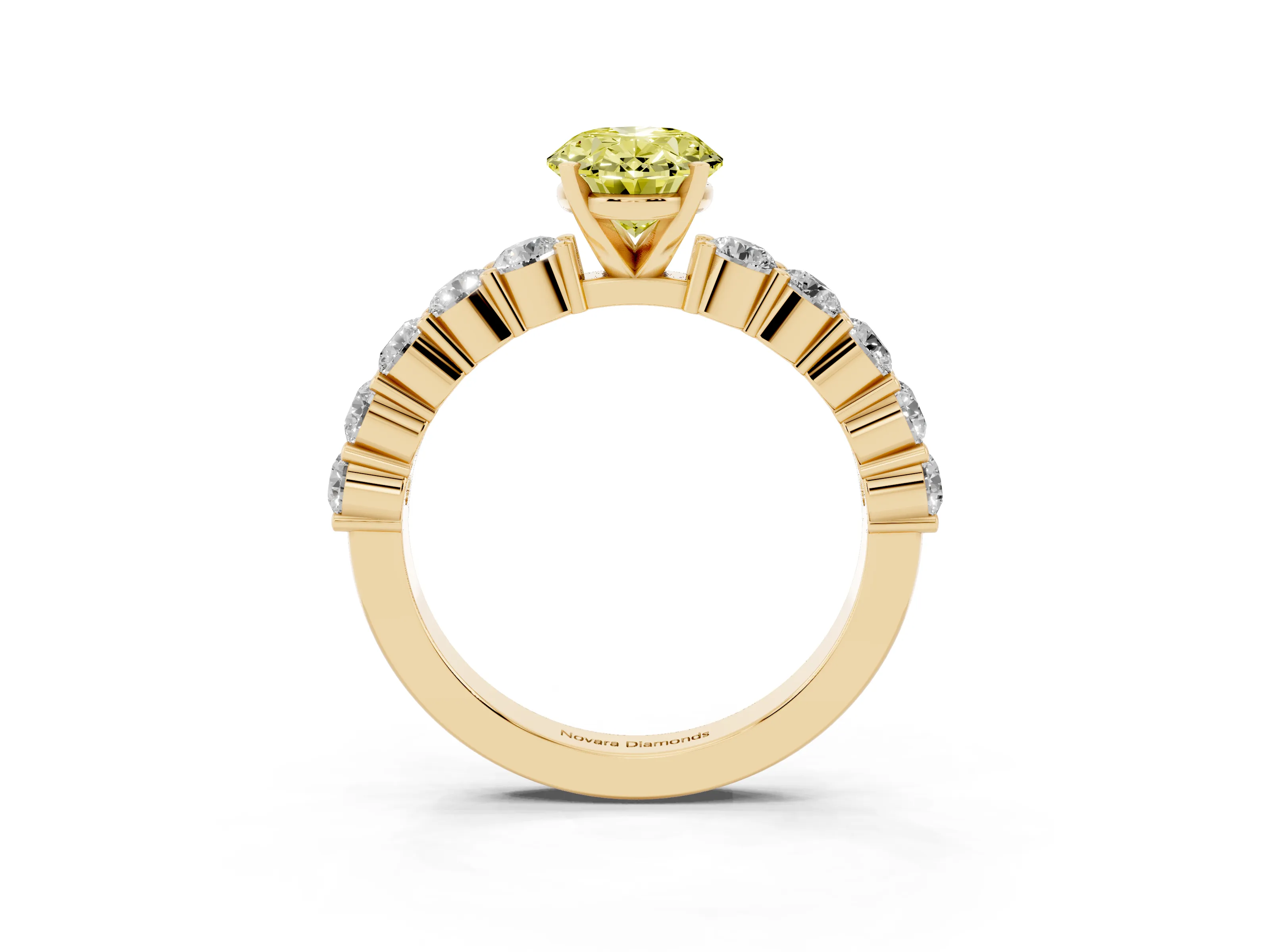 Fancy Yellow Oval Cut Diamond Solitaire Ring Set in Yellow gold with Shared Prong Round Side Stones