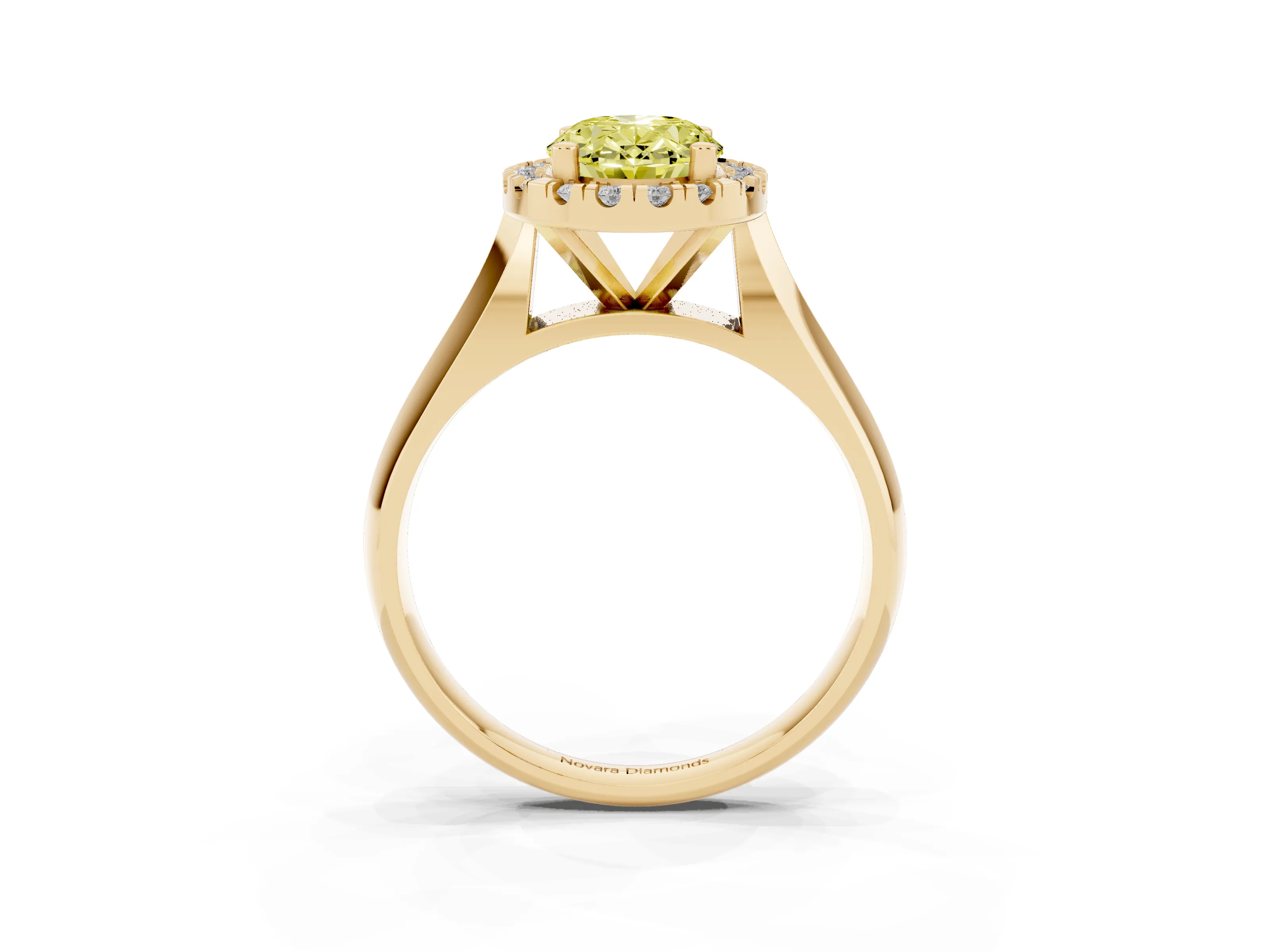 Fancy Yellow Oval Cut Diamond Halo Solitaire Engagement Ring Set in Yellow gold with Square Band and Prong Setting