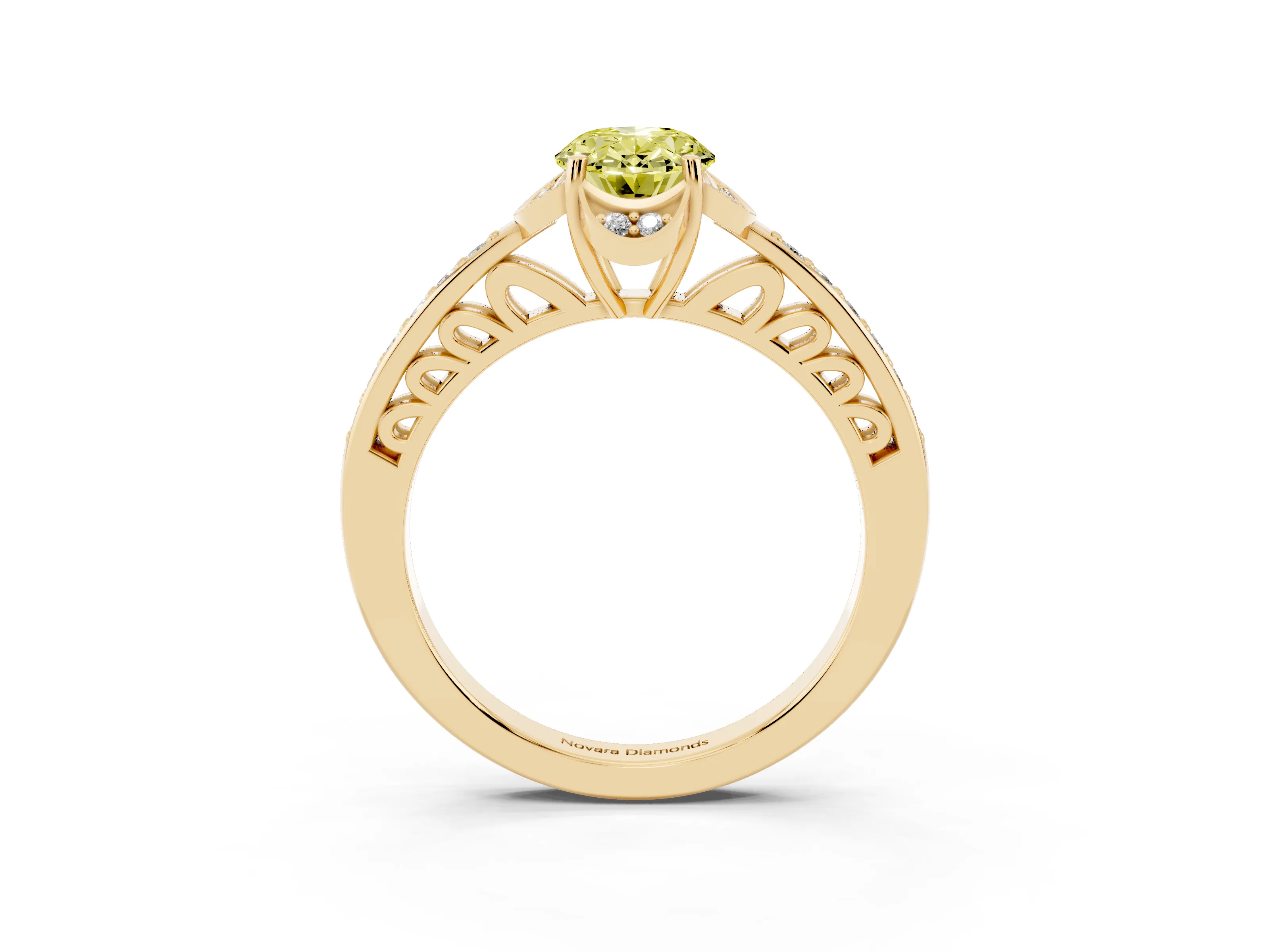 Fancy Yellow Oval Cut Diamond Halo Ring Set in Yellow gold with Channel Set Band and Prong Setting