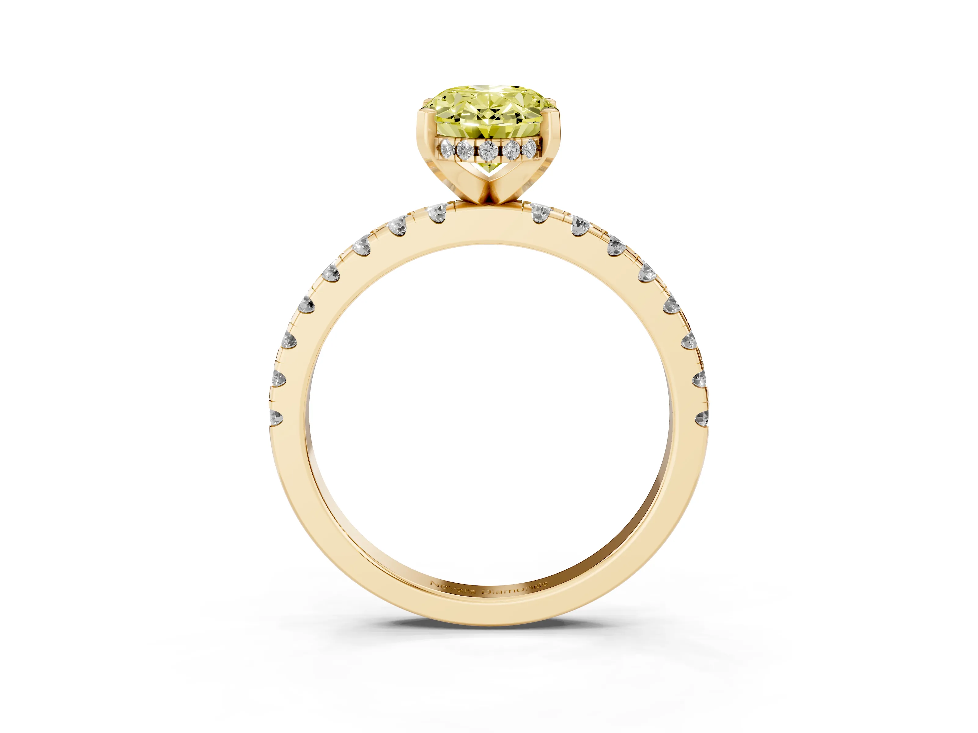 Fancy Yellow Oval Cut Diamond Pavé Solitaire Ring Set in Yellow gold with Round Band Accents and Prong Setting
