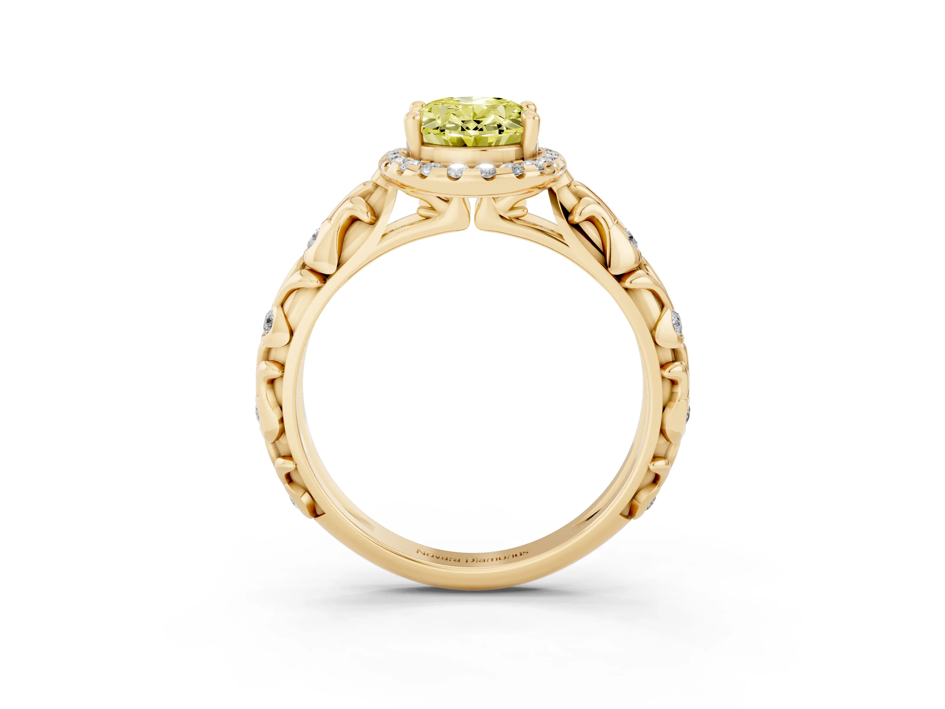 Fancy Yellow Oval Cut Diamond Halo Ring Set in Yellow gold with Filigree Leaf Band and Prong Setting
