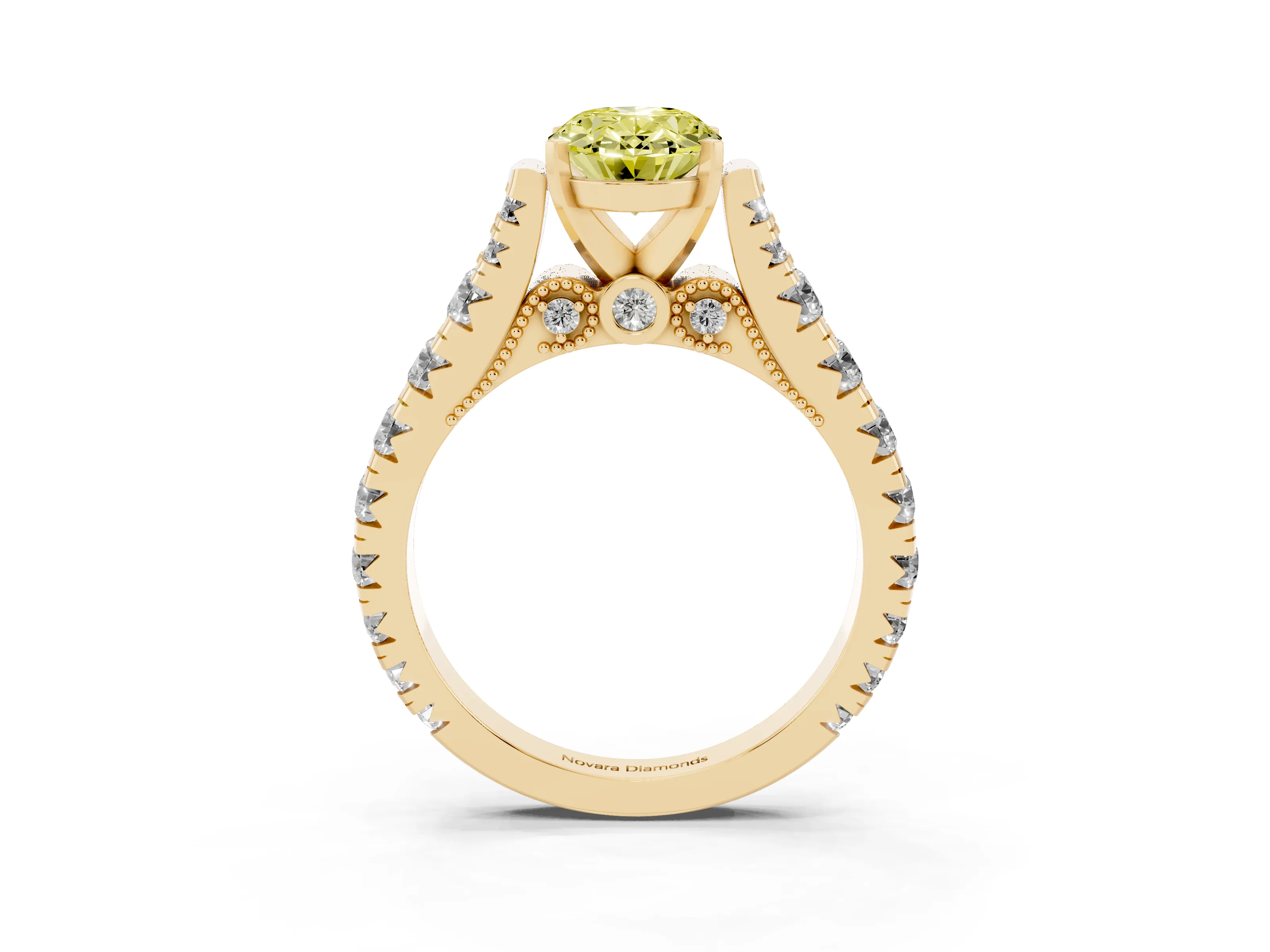 Fancy Yellow Oval Cut Diamond Classic Solitaire Ring Set in Yellow gold with Pavé Band and Prong Setting