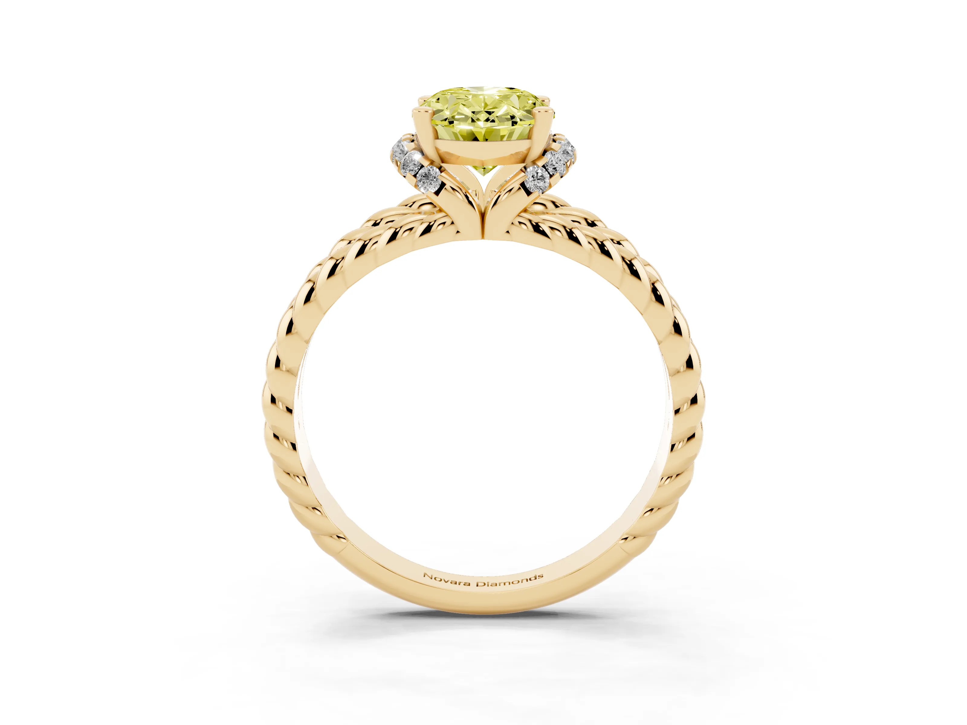 Fancy Yellow Oval Cut Diamond Halo Ring Set in Yellow gold with Twisted Band and Prong Setting