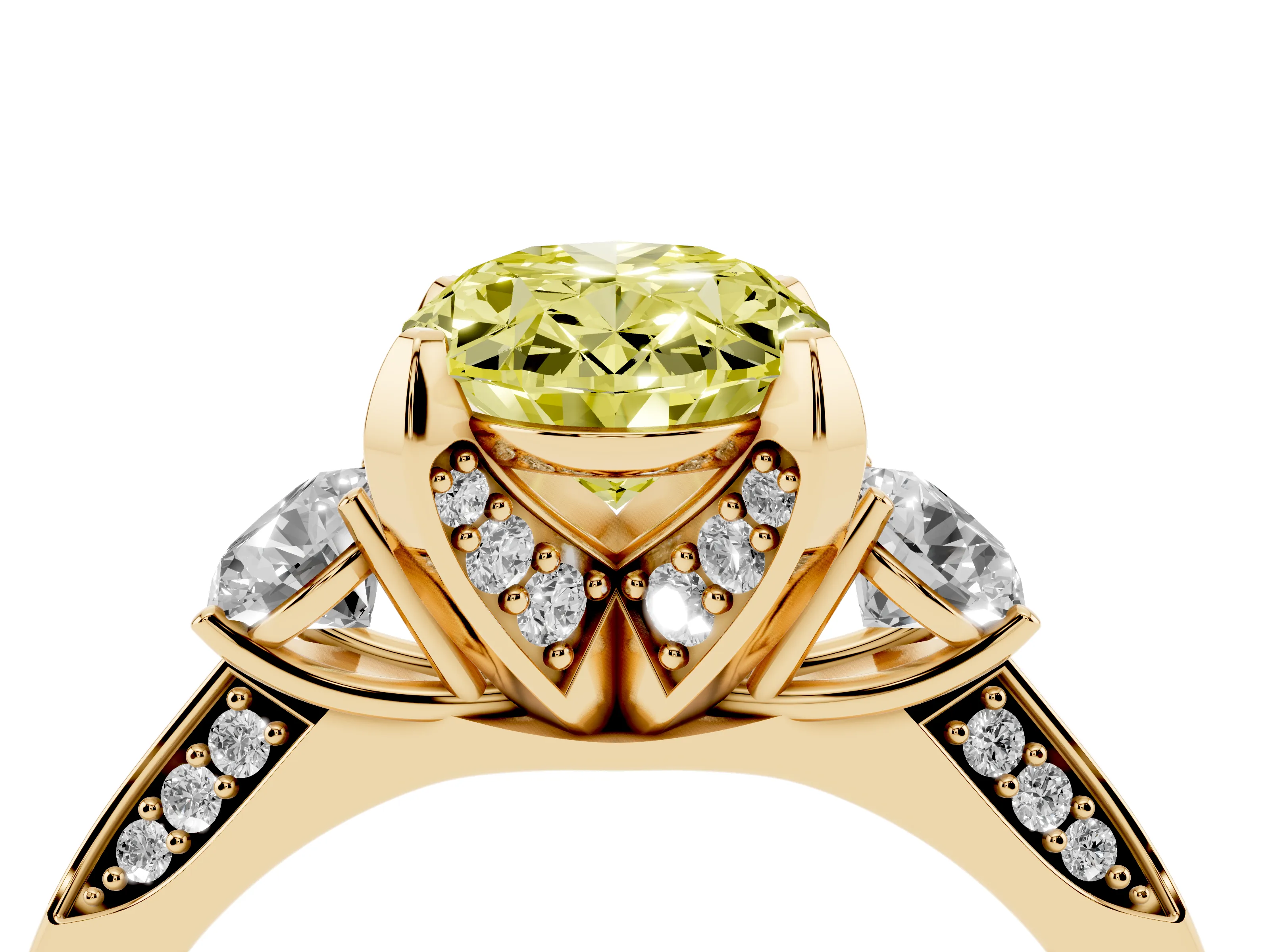 Fancy Yellow Oval Cut Diamond Three-Stone Ring Set in Yellow gold with Pavé Band and Smaller Side Stones